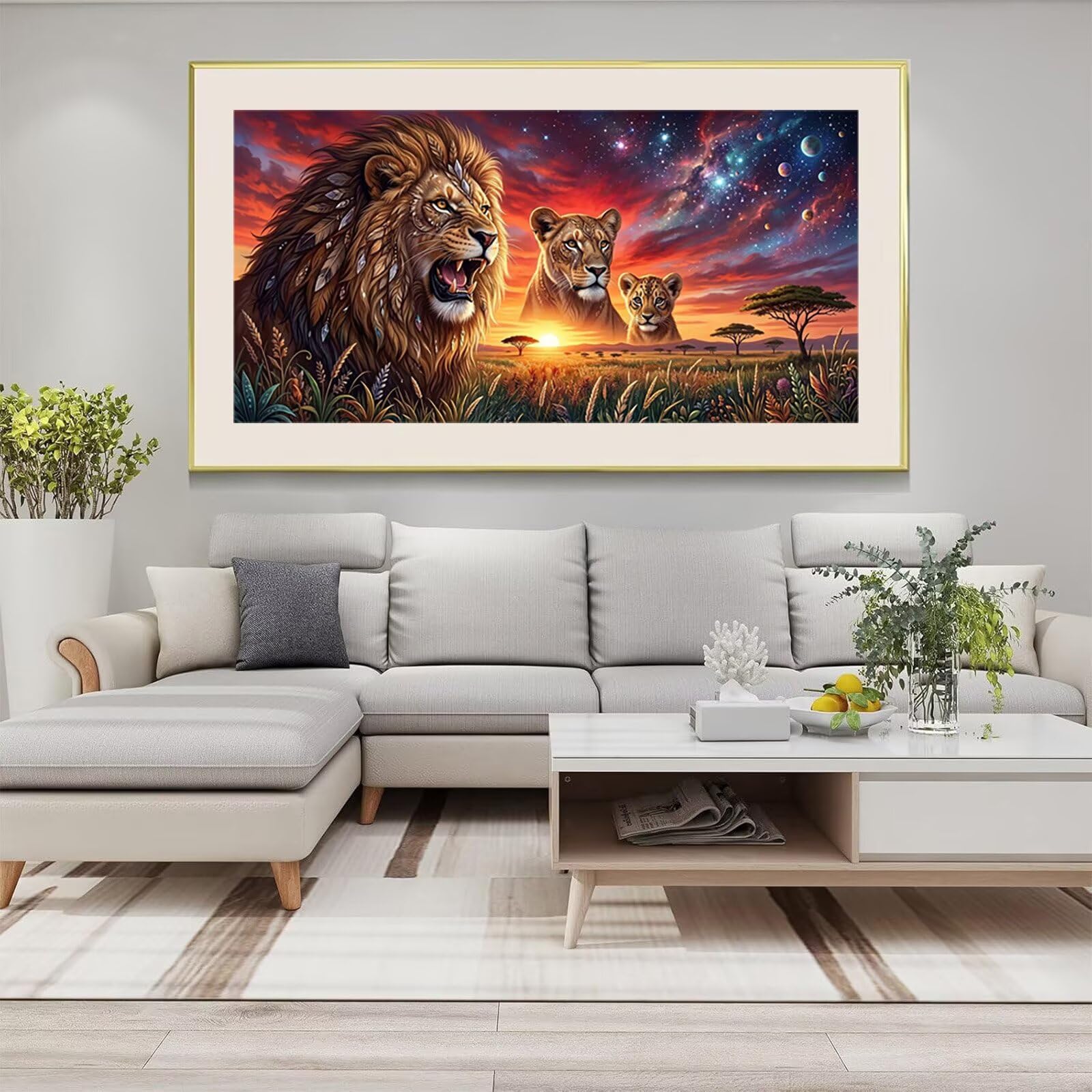Diamond Painting Löwe Diamant Painting Bilder, 5D Sternenhimmel Runder Full Drill DIY Set Erwachsene Diamanten Kinder Bastelset, Kreatives für Erwachsene für Home Decor Wand Deko, 100x200cm, Cod-867