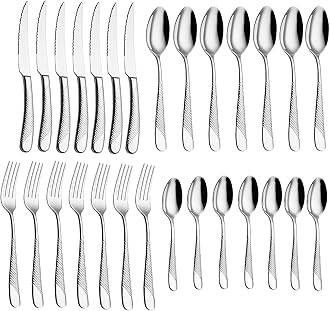 Mirror Finish Silver Plated Stainless Steel Flatware Set Copper Silverware Set Rose Gold Spoon Color Cutlery Set [Dinner Fork-Tea Spoon-Salad Spoon-Knife] Set of (Silver DOT, 28)