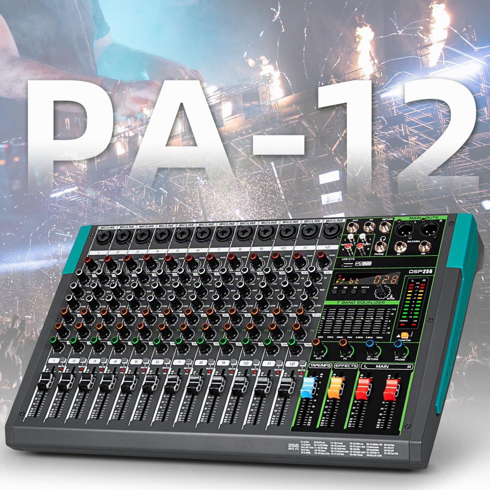 Depusheng PA12 Table de mixage professionnelle 12 canaux Contrôleur DJ avec 256 effets DSP Entrée Bluetooth Lecteur USB Alimentation fantôme 48V