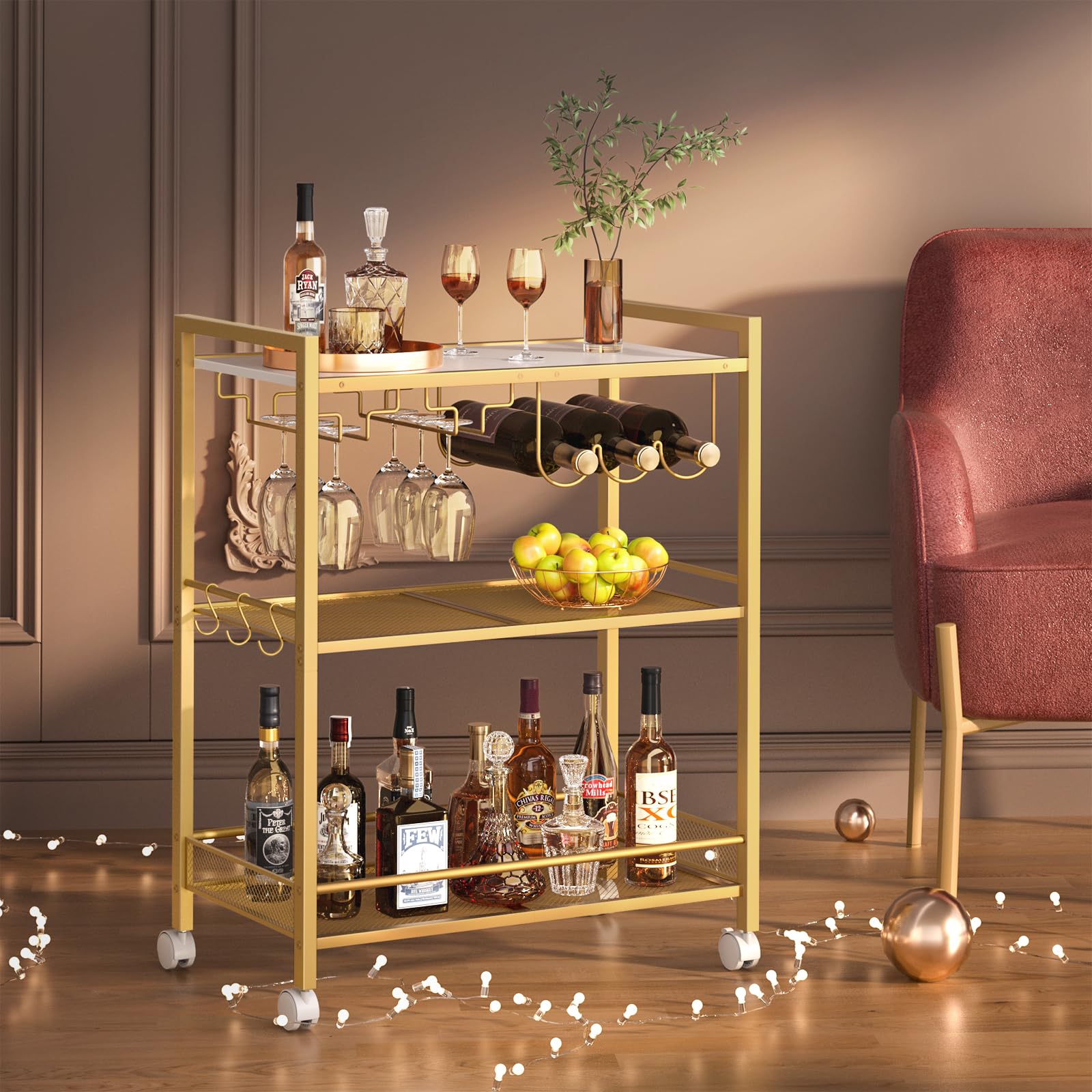 Joaxswe Bar Cart,3-Tier Home Bar Serving Cart with Lockable Wheels,Gold