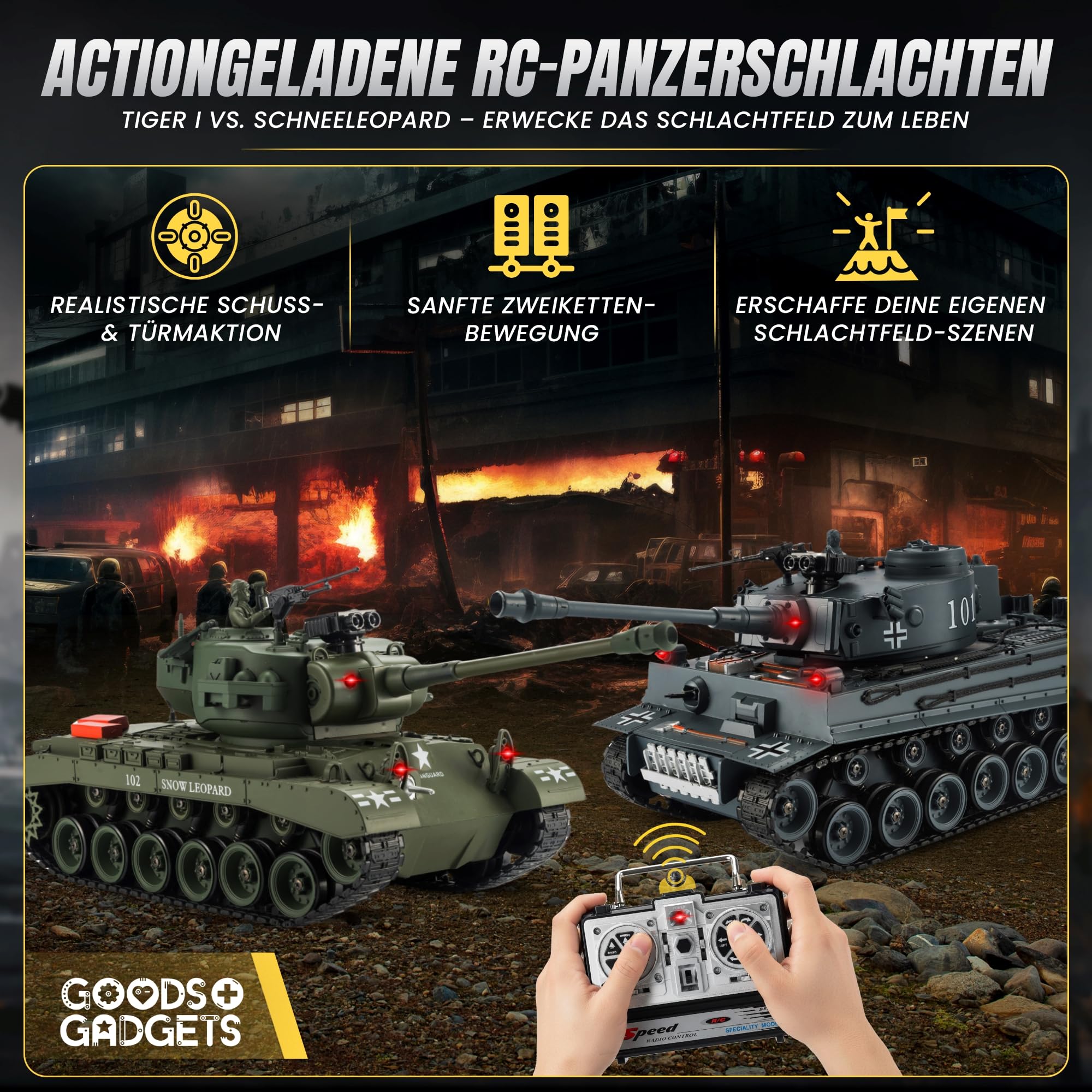 GOODS+GADGETS Ferngesteuerter RC German Tiger I 1:16 Modellbau Panzer 2.4GHz mit Schuss-Funktion, Sound - RTR (Tiger I)