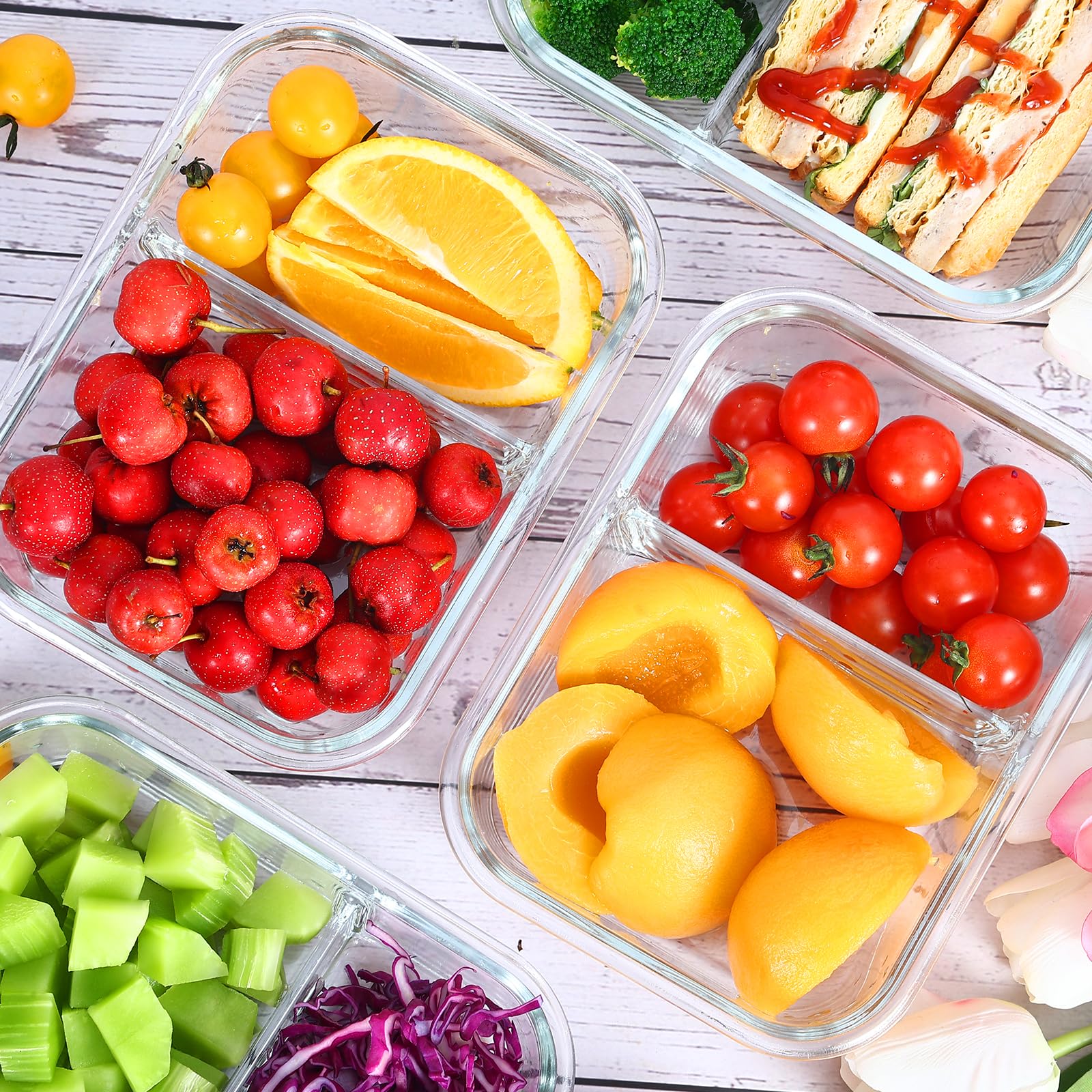 Contenitore in vetro con coperchio Meal Prep, 2 & 3 scomparti (4 pezzi, 1040 ml) con coperchio, controllo delle porzioni, ermetico, sicuro per forno e congelatore