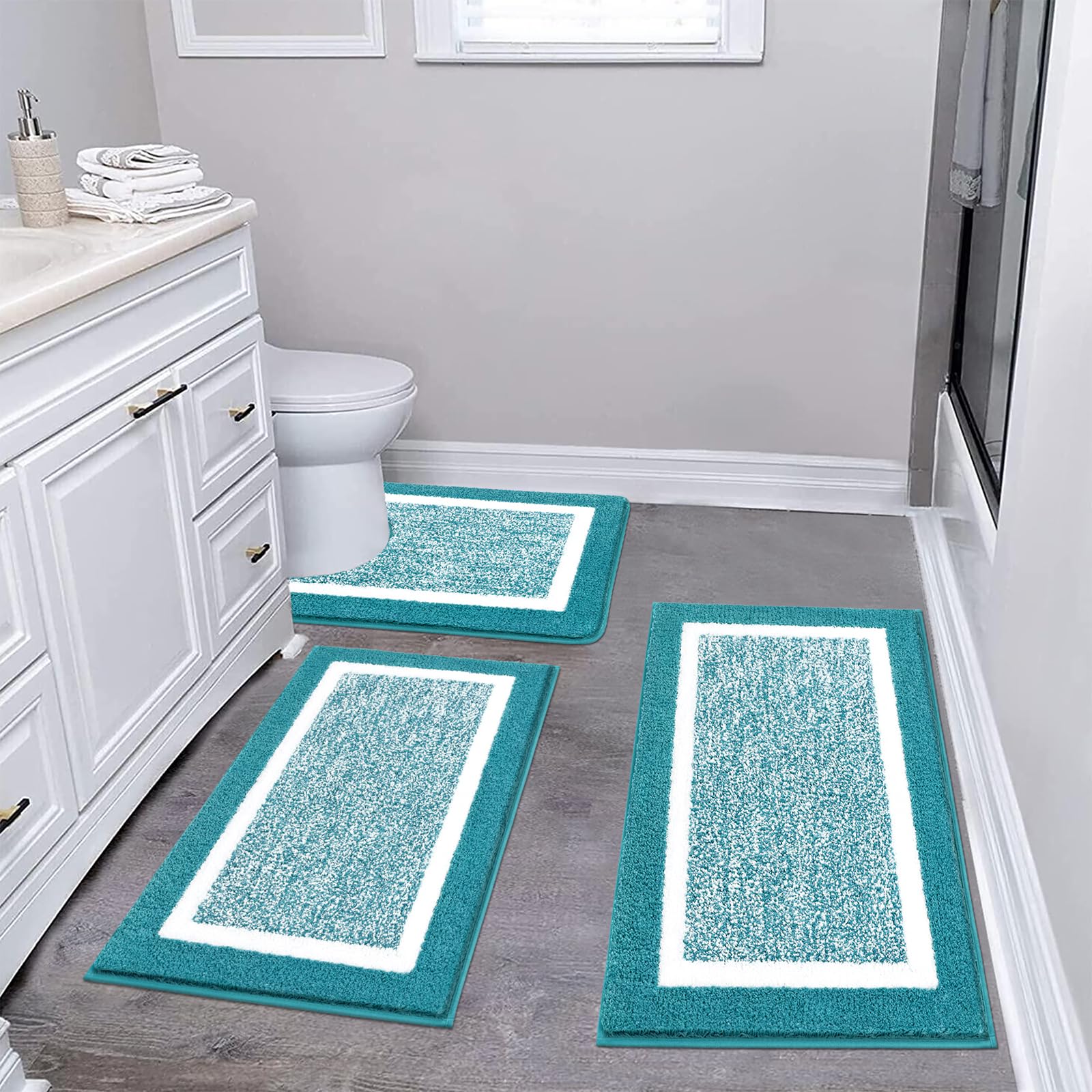Pauwer Set di 3 tappeti da bagno con contorno a forma di U, tappetini da bagno assorbenti in microfibra, antiscivolo, lavabili in lavatrice, tappetini da bagno a pelo lungo, colore blu acqua