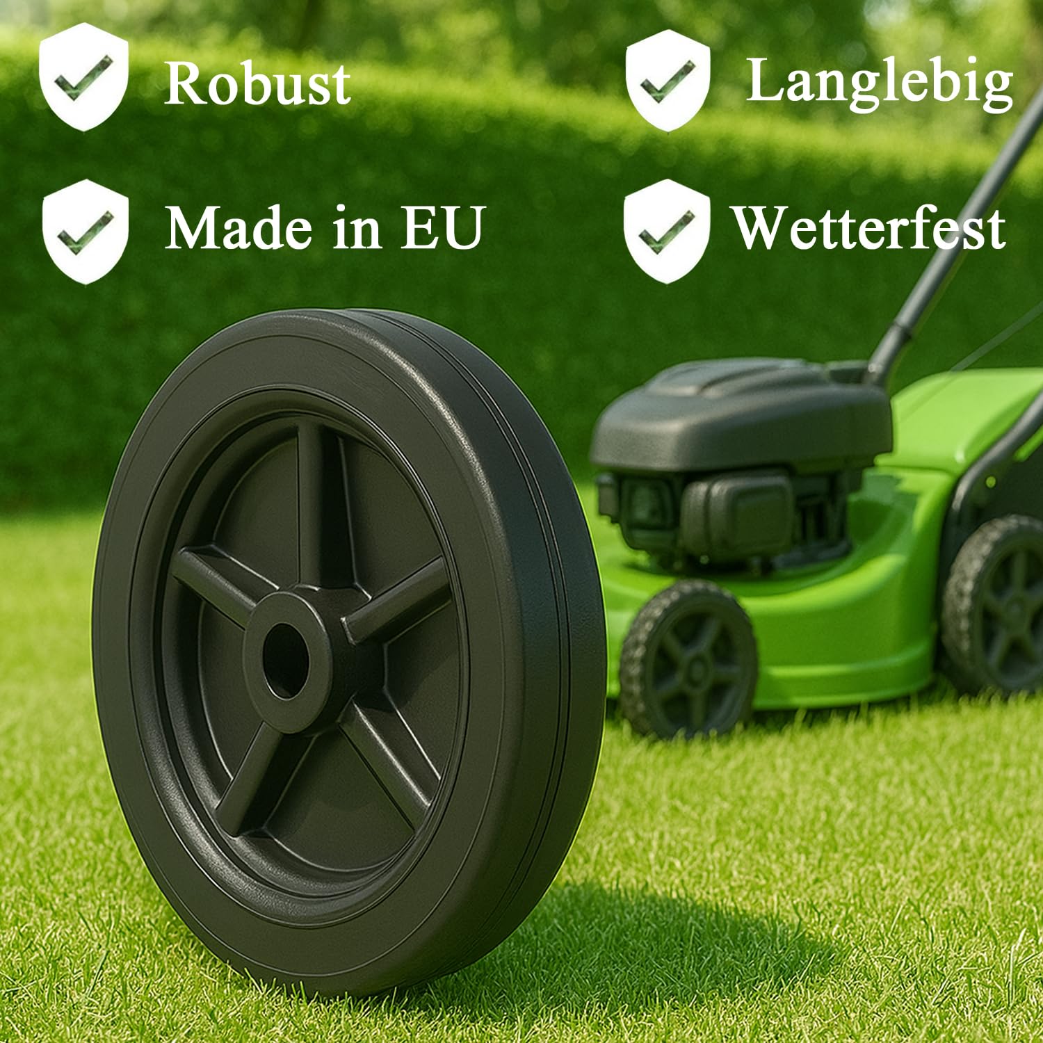 Rasenmäherrad Ø175 mm – schwarzes Ersatzrad aus Vollgummi, robustes Kunststoffrad für Rasenmäher, mit Montage-Set, Code: K175*M10