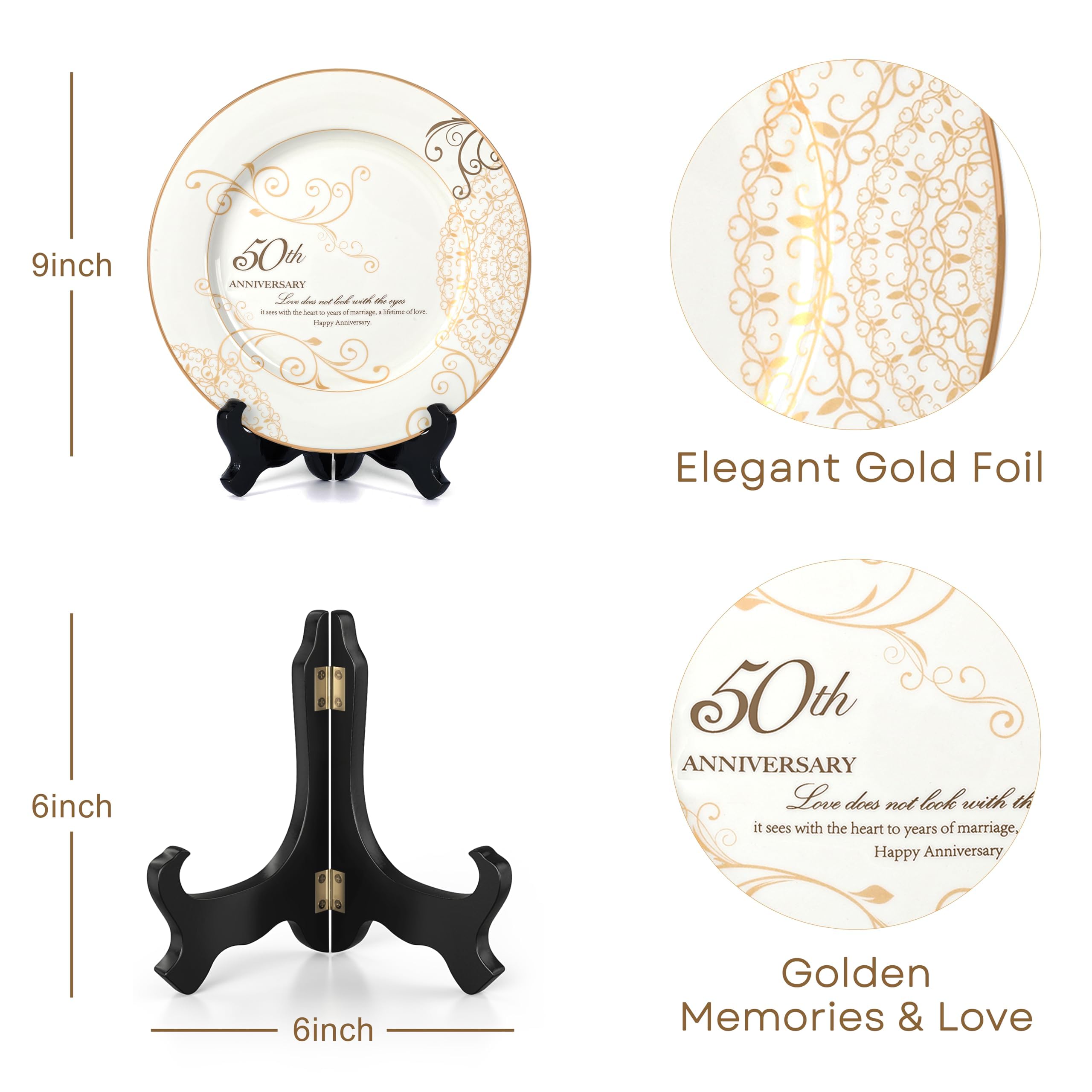Urllinz Plato de 50 aniversario de boda, 50 aniversario de boda, regalo para parejas, 50 años de oro de boda, plato superior de porcelana de oro de 9 pulgadas para abuelos con soporte