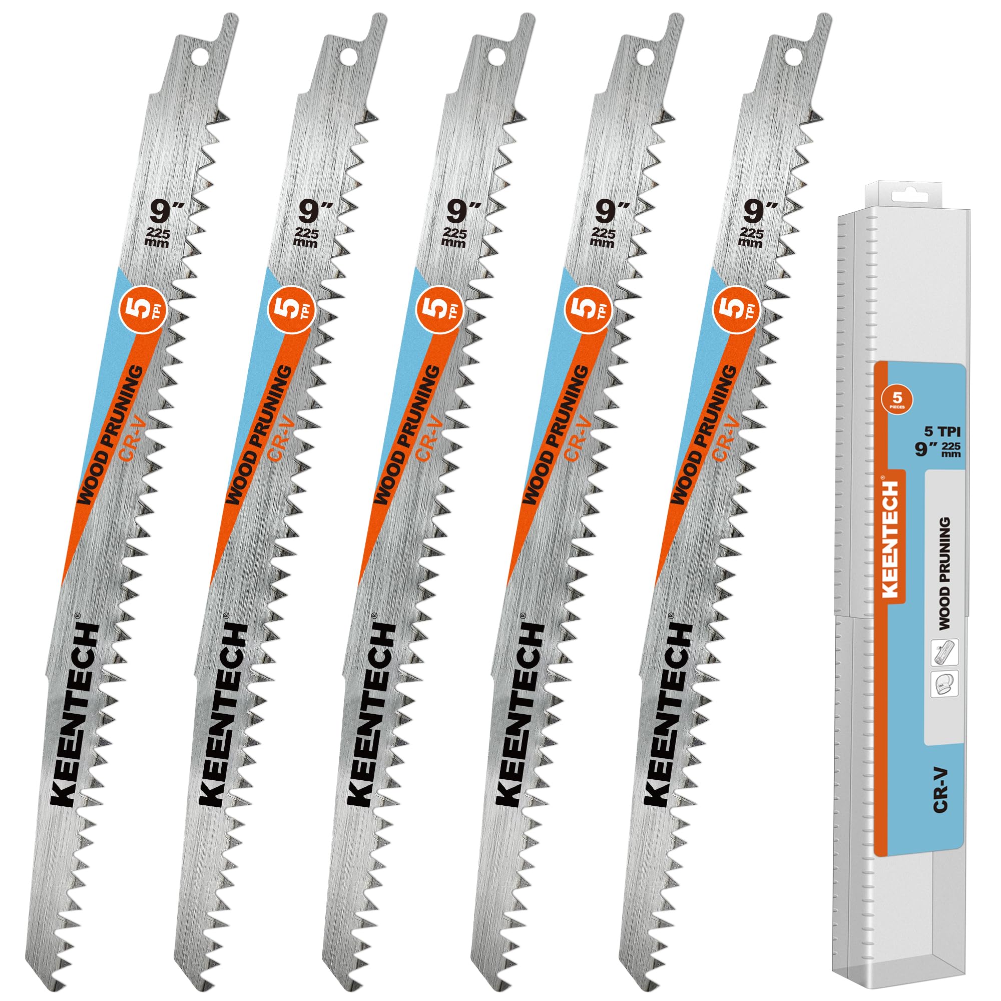 KEENTECH 9 Inch Cr-V Reciprocating Saw Blade 5-Pack for Wood Cutting and Tree Pruning, 5 TPI Fleam Ground Teeth, Compatible with Milwaukee Sawzall and