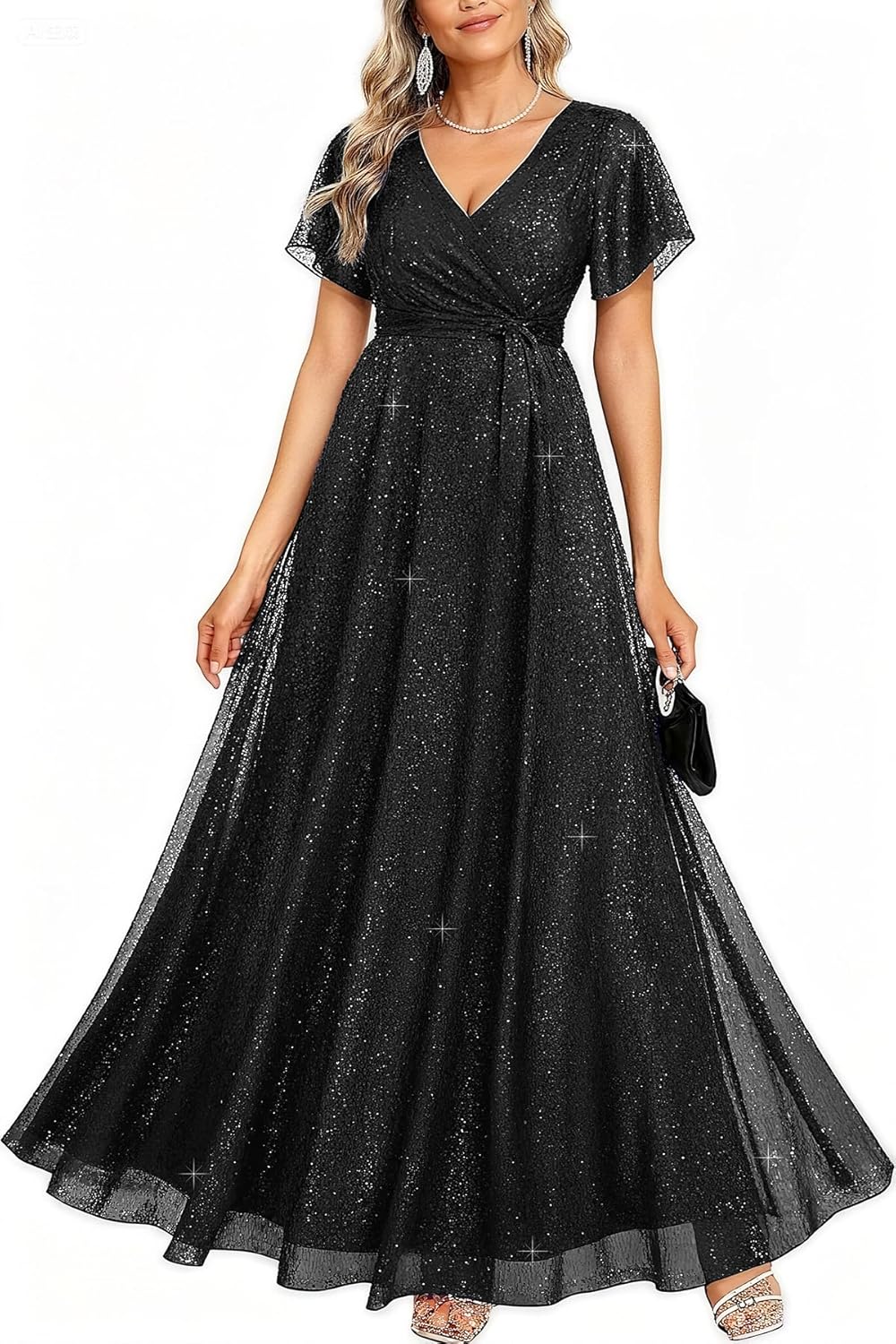 Pinup Fashion Formal Gowns and Evening Dresses - Glitter Prom V Neck Flutter Sleeve A-line Long Dress with Belt