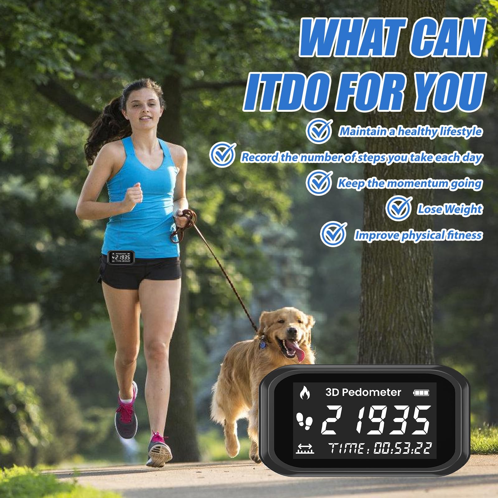 GBKDQQ Podomètre 3D pour la marche, précis avec clip de porte-clés, écran LCD, suivi des pas pour la marche, la course, la randonnée, le sport, l'entraînement
