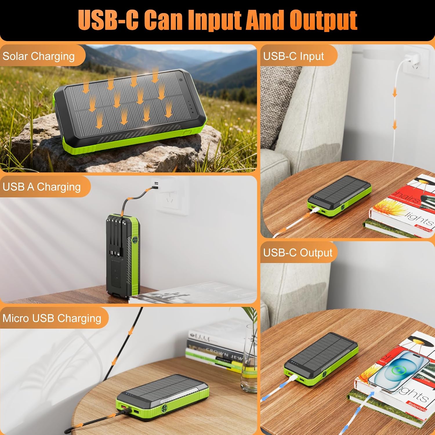 Solar Power Bank 33800mAh with Super Bright LED Flashlight, Built-in 4 Cables & Wireless Charging, Portable Charger with Compass, 7 Outputs & 4 Inputs for Camping/Hiking(Green)