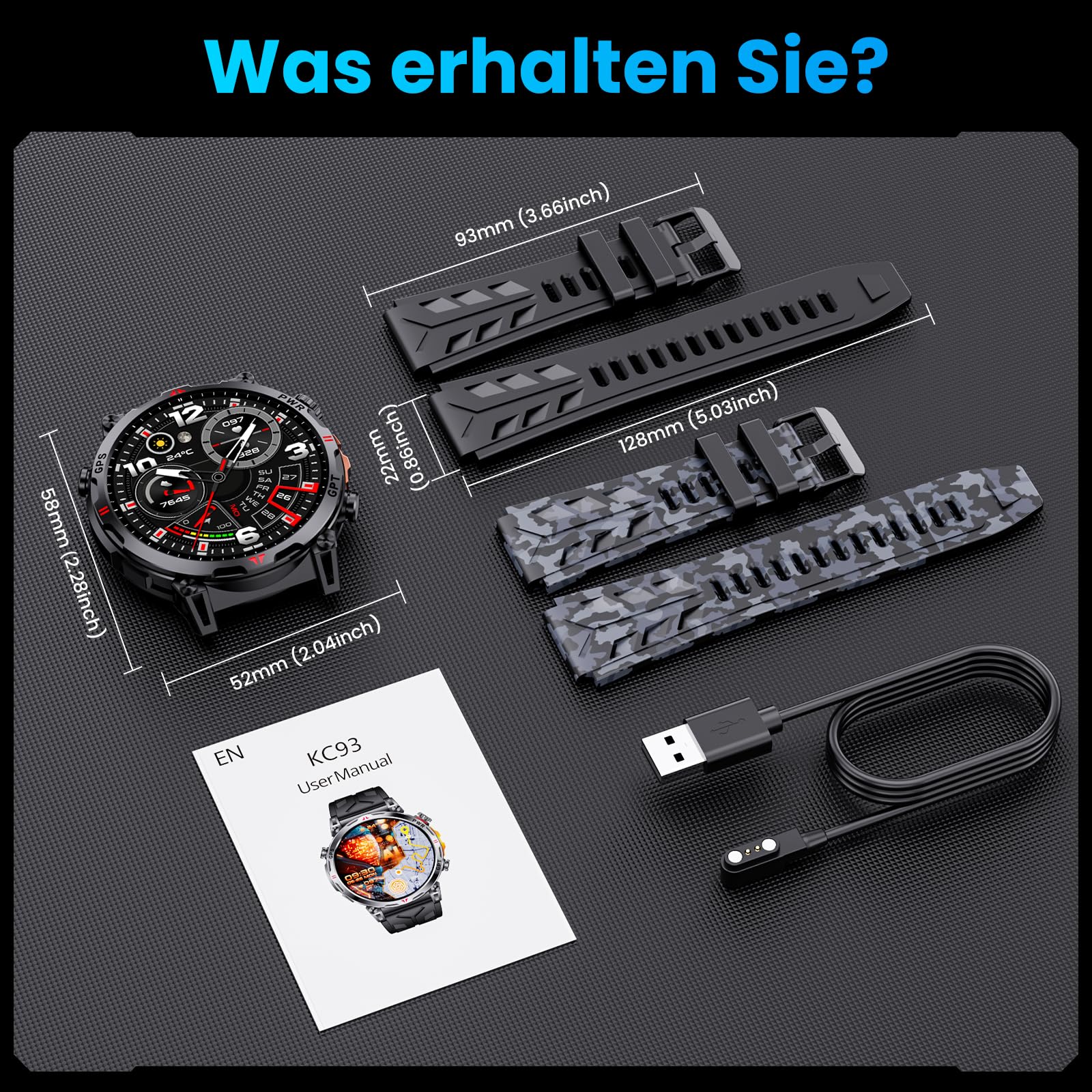 Smartwatch Herren Militärische, 1,56 Zoll mit GPS/GPT-Assistent/Bluetooth AI Zifferblatt/Bluetooth-Anruf/Herzfrequenz/Kompass, 3ATM Wasserdicht, kompatibel mit Android/iOS,100+Fitnessuhr Tracker | Bluetooth-Anruf / Herzfrequenzstress / Schlaferkennung / K