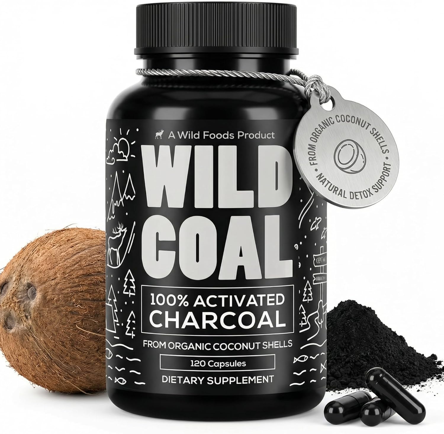 Wild Foods Activated Charcoal Capsules | 100% Organic Coconut Shells Active Tablets | Lab Tested & Non-GMO Pills | Made in USA (120 Capsules)