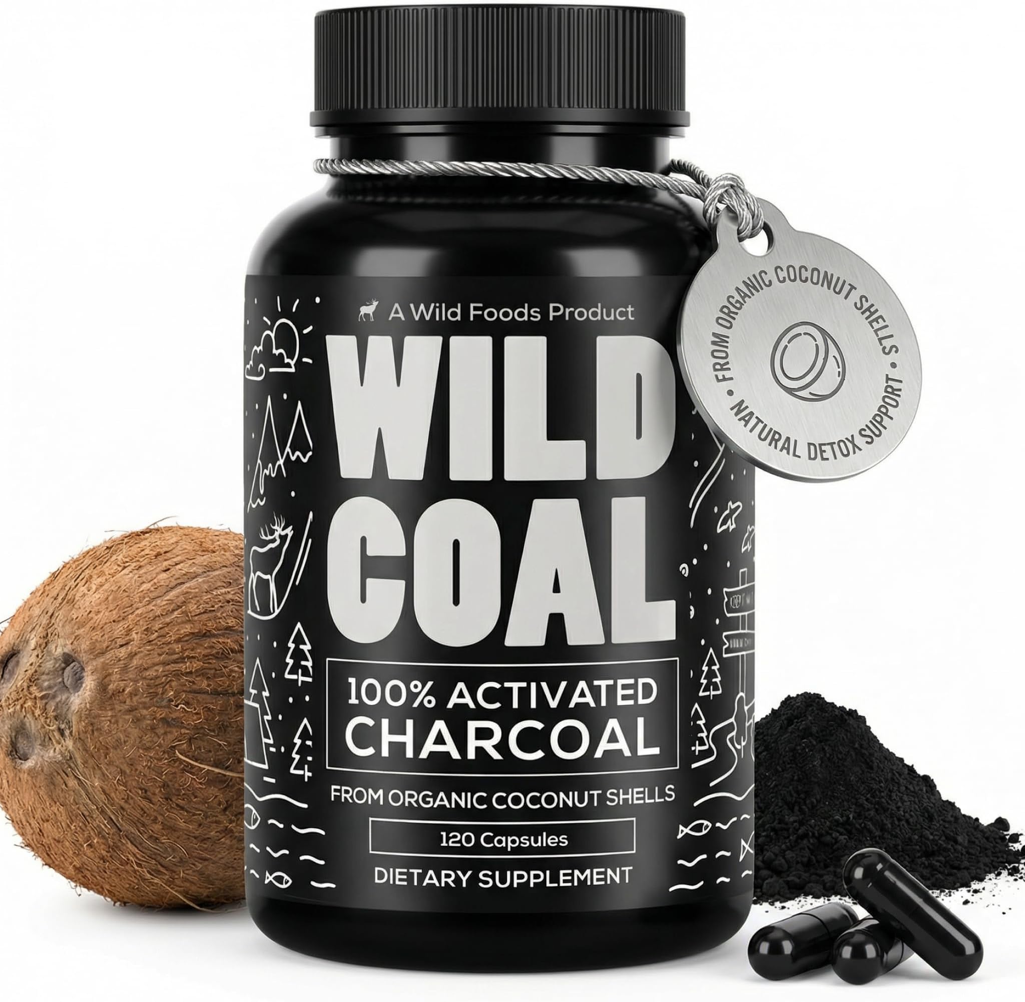 Wild Foods Activated Charcoal Capsules | 100% Organic Coconut Shells Active Tablets for Bloating & Hangover | Lab Tested & Non-GMO Detox Pills | Made in USA (120 Capsules)