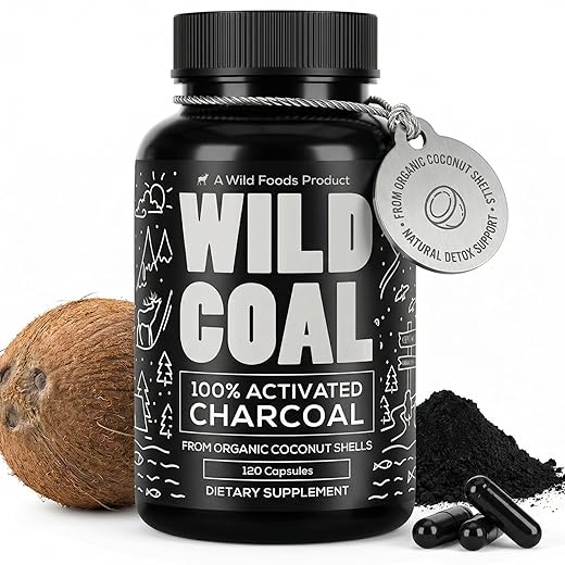Wild Foods Activated Charcoal Capsules | 100% Organic Coconut Shells Active Tablets for Bloating & Hangover | Lab Tested & Non-GMO Detox Pills | Made in USA (120 Capsules)