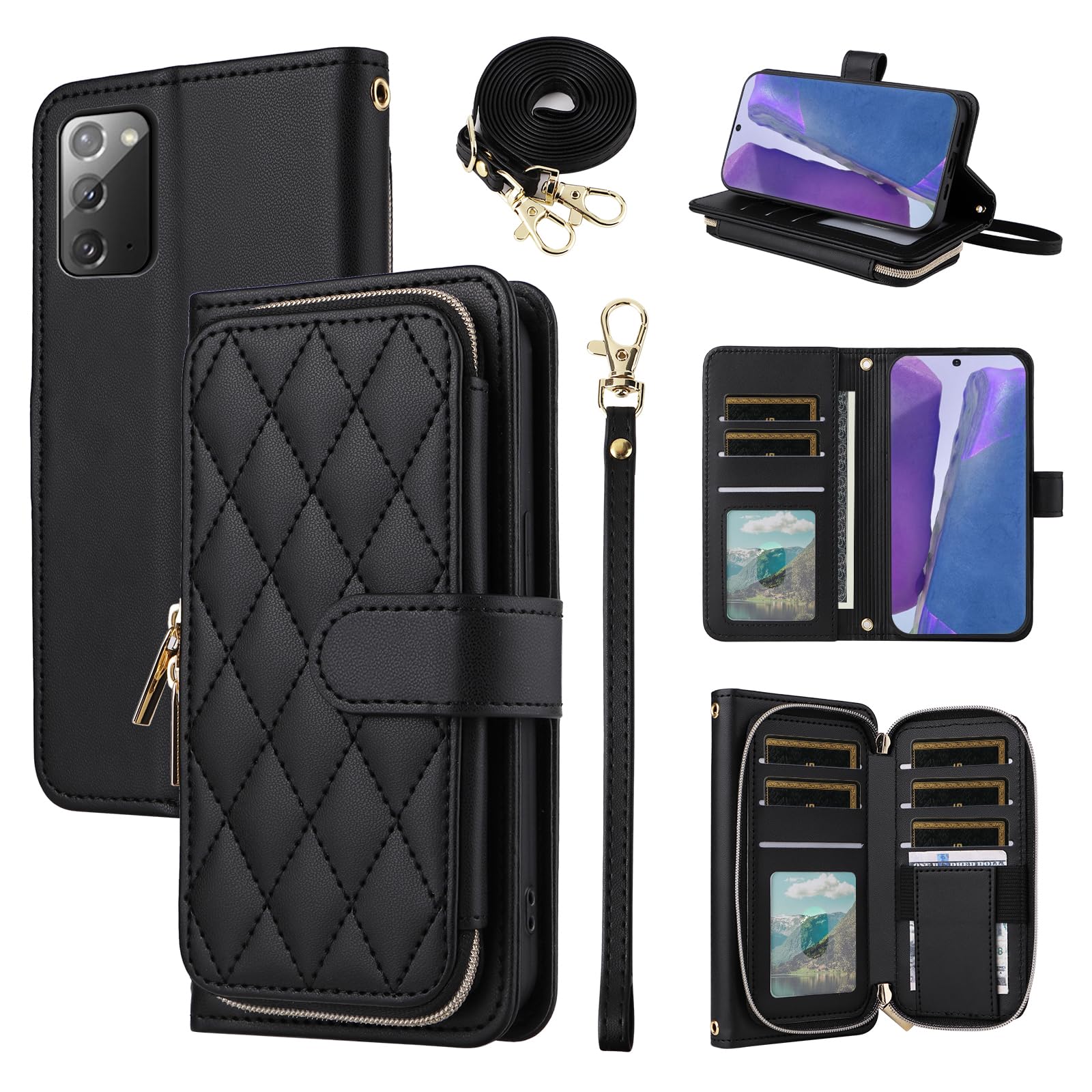 Furiet Wallet Case for Samsung Galaxy Note 20 5G with Detachable Wrist Strap, 9+ Card Slots Zipper Purse, Luxury PU Leather Stand Full Body Phone