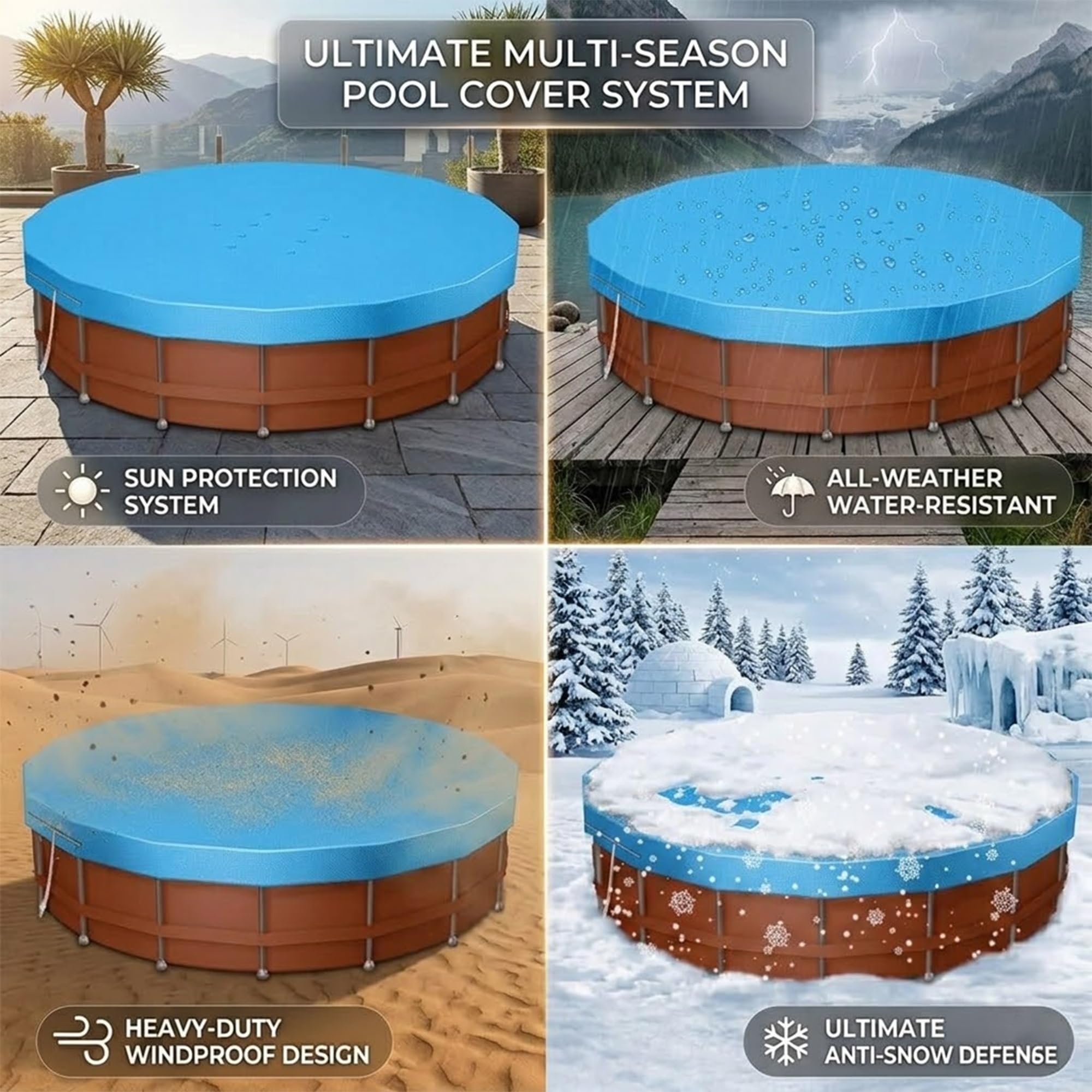 Copertura per Piscina Rotonda Tessuto, Resistente ai Raggi UV Impermeabile Antipolvere, Copertina Protettiva per Piscina Fuori Terra Resistente al Freddo e agli(Blue,D 366 x H 20 cm)