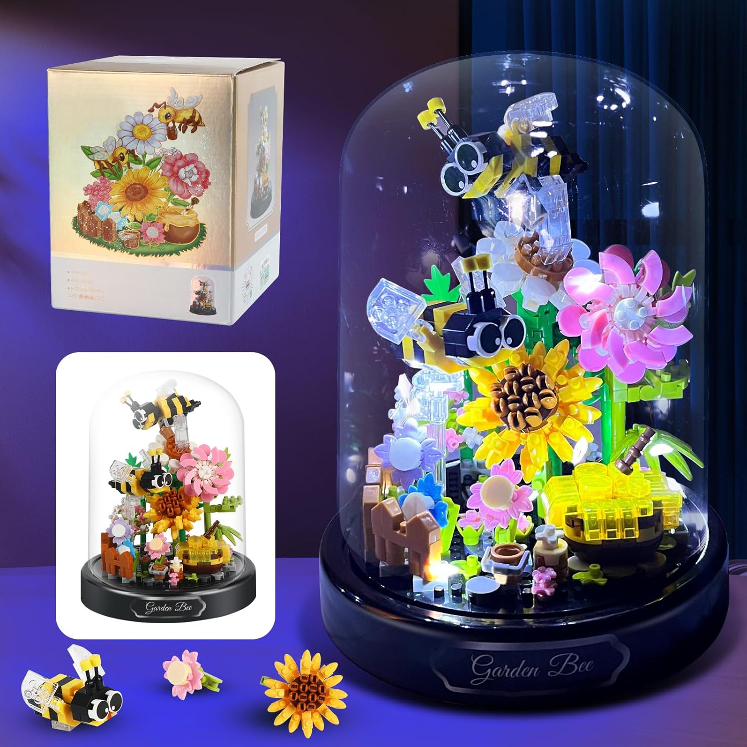 Water Bottle Sunflower Building Set with LED String Light and Dust Cover, Flower Bouquet Building Set Gifts for Mothers Day, Valentines Day, Birthday, Anniversary, Christmas(545 Pcs)