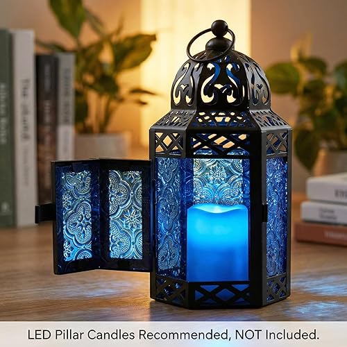 Miniatura 8 de VELA LANTERNS Farol portavelas marroquí decorativo de metal negro de 8.5 pulgadas, interiorexterior, decoración del hogar, patio, bodas, decoración