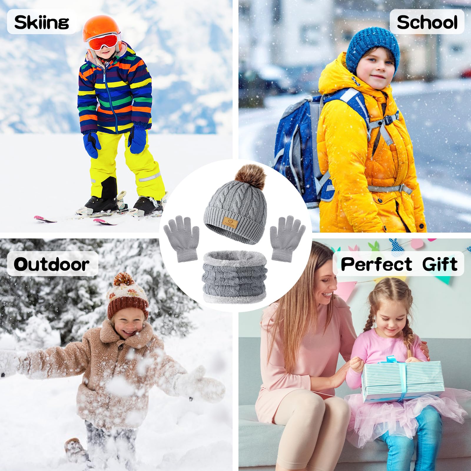 Winmany 3PCS Niños Invierno Gorros Guantes Bufanda Conjunto Niño Polar Cuello Calentador Gorro con Pom Conjunto de Mitones de Punto para Niña Niño