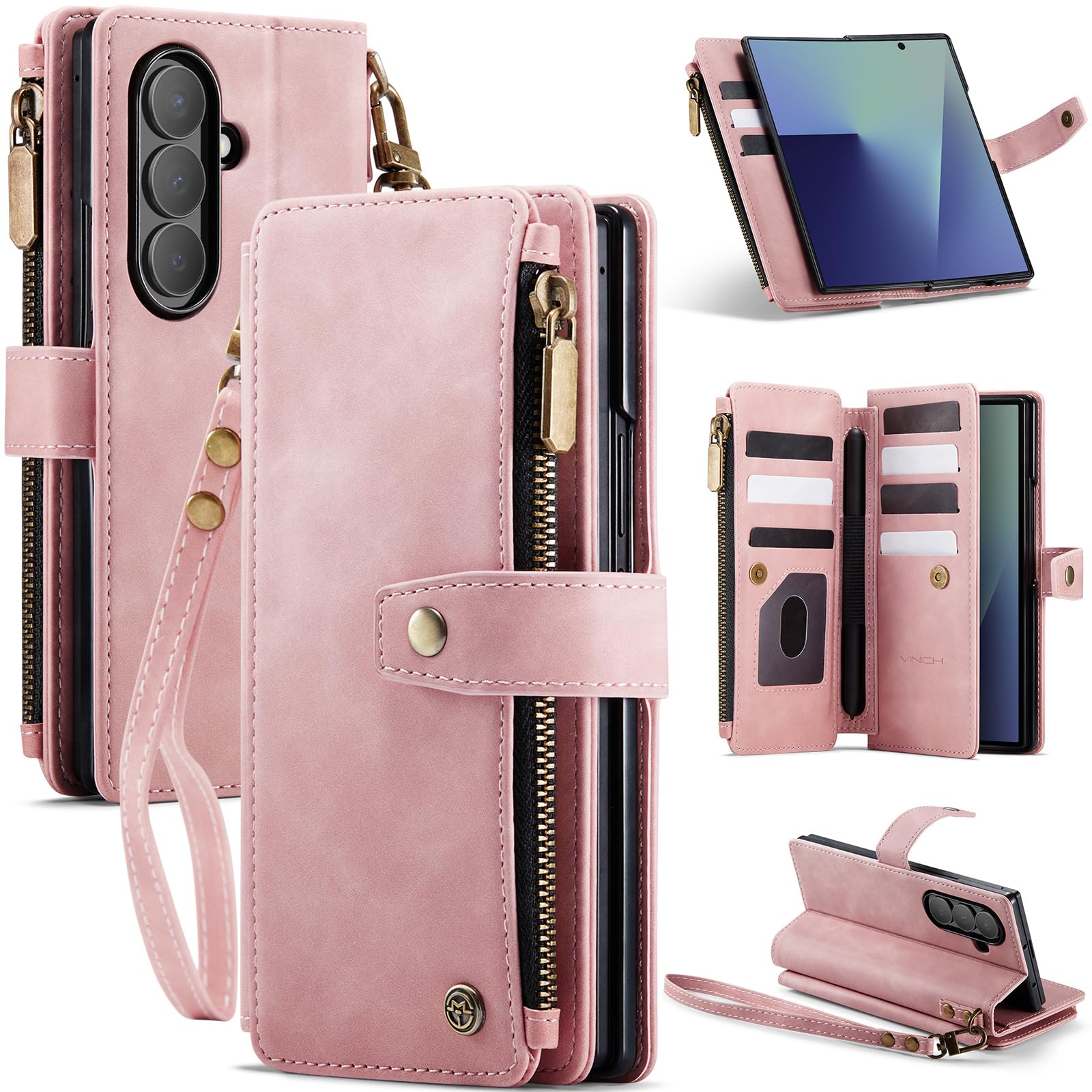 Vinich for Samsung Galaxy Z Fold 7 Wallet Case with Card Holder, Detachable Strap RFID Blocking Credit Slots Kickstand Shockproof Phone Cover Fit for