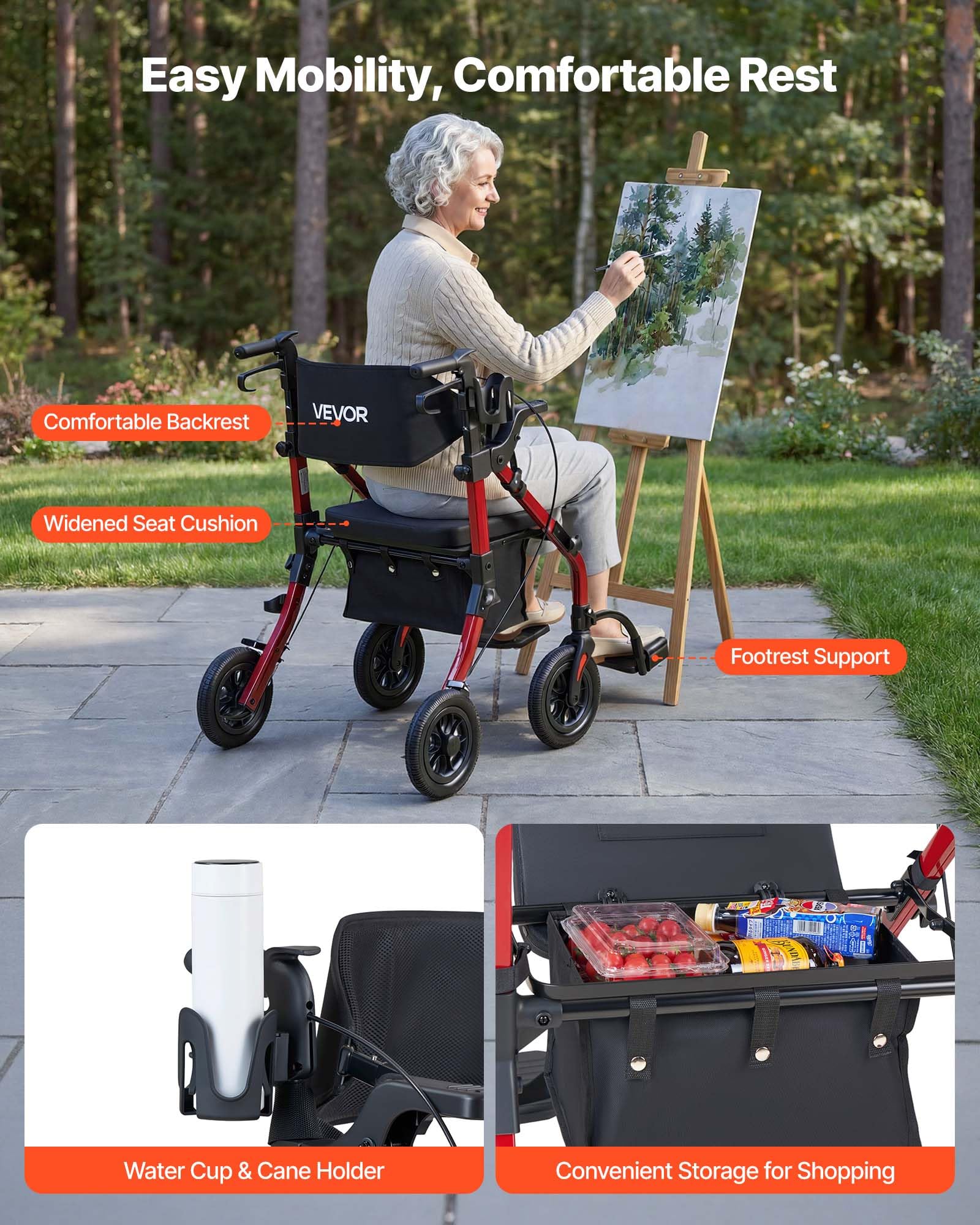 VEVOR Andador para Ancianos 2 en 1 con Asiento Soporta 136 kg, Ruedas de 25,4 cm, Silla de Transporte Plegable de Aleación de Aluminio, Reposabrazos Ajustable para Compras Exterior Personas Mayores