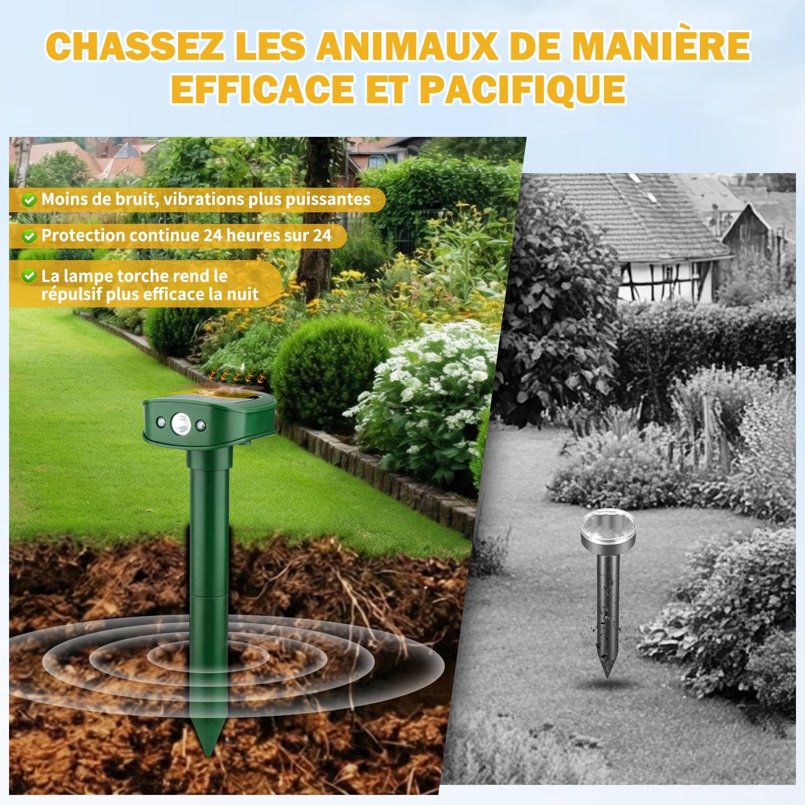 4 Pièces Répulsif Taupes, 20㎡ Nouveau Vibrations Répulsif Solaire pour Martres avec Lumière LED, Imperméable IP45 Effaroucheur Animaux Jardin pour Souris Taupes Lapins Serpents