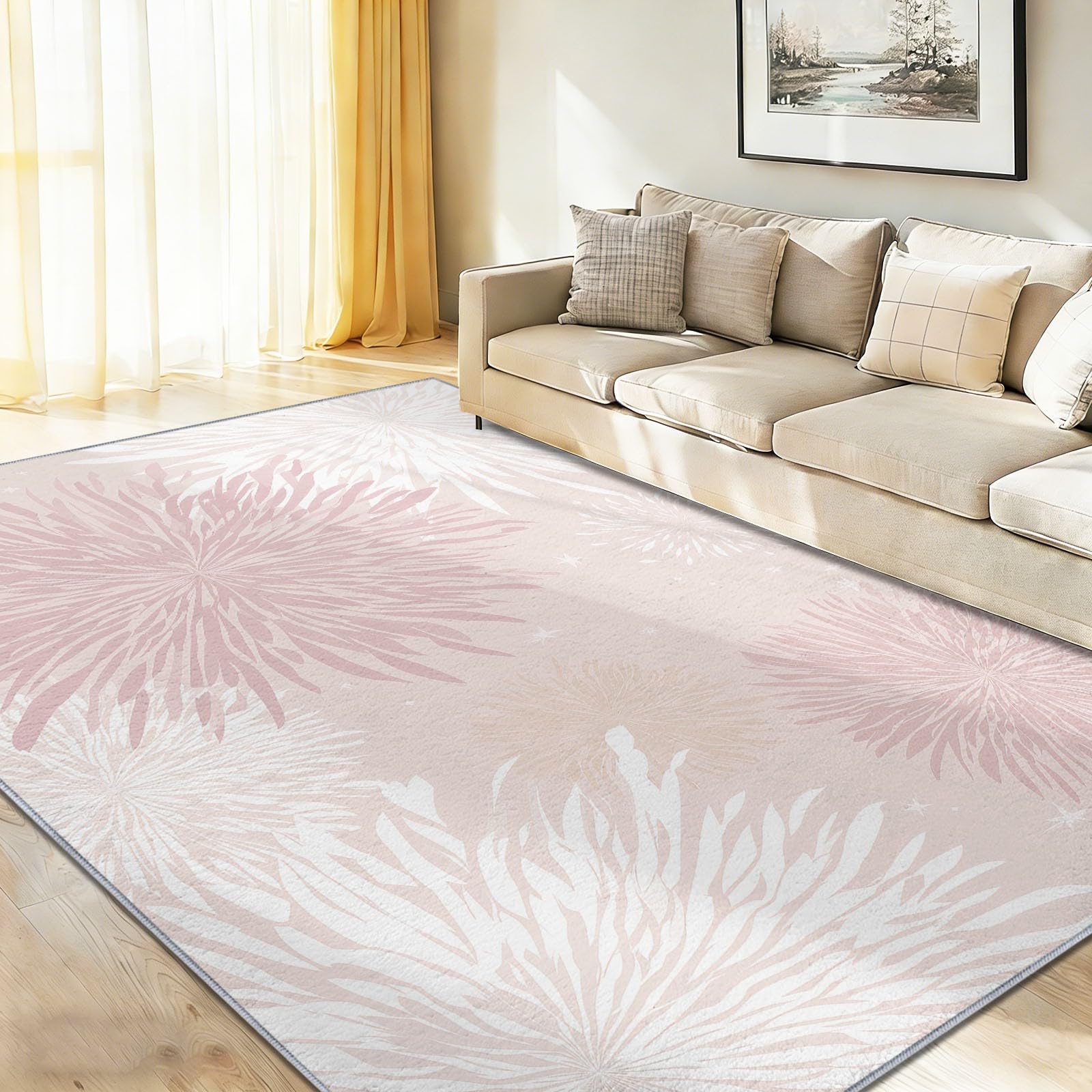 60 x 90 cm Living Room Area Rugs, Modern Minimalist Elegant Floral Chrysanthemums Soft Low Pile Bedroom Rug Carpet, Lightweight Washable Non-Slip Rug for Kitchen Nursery Office Decor, Pink And White