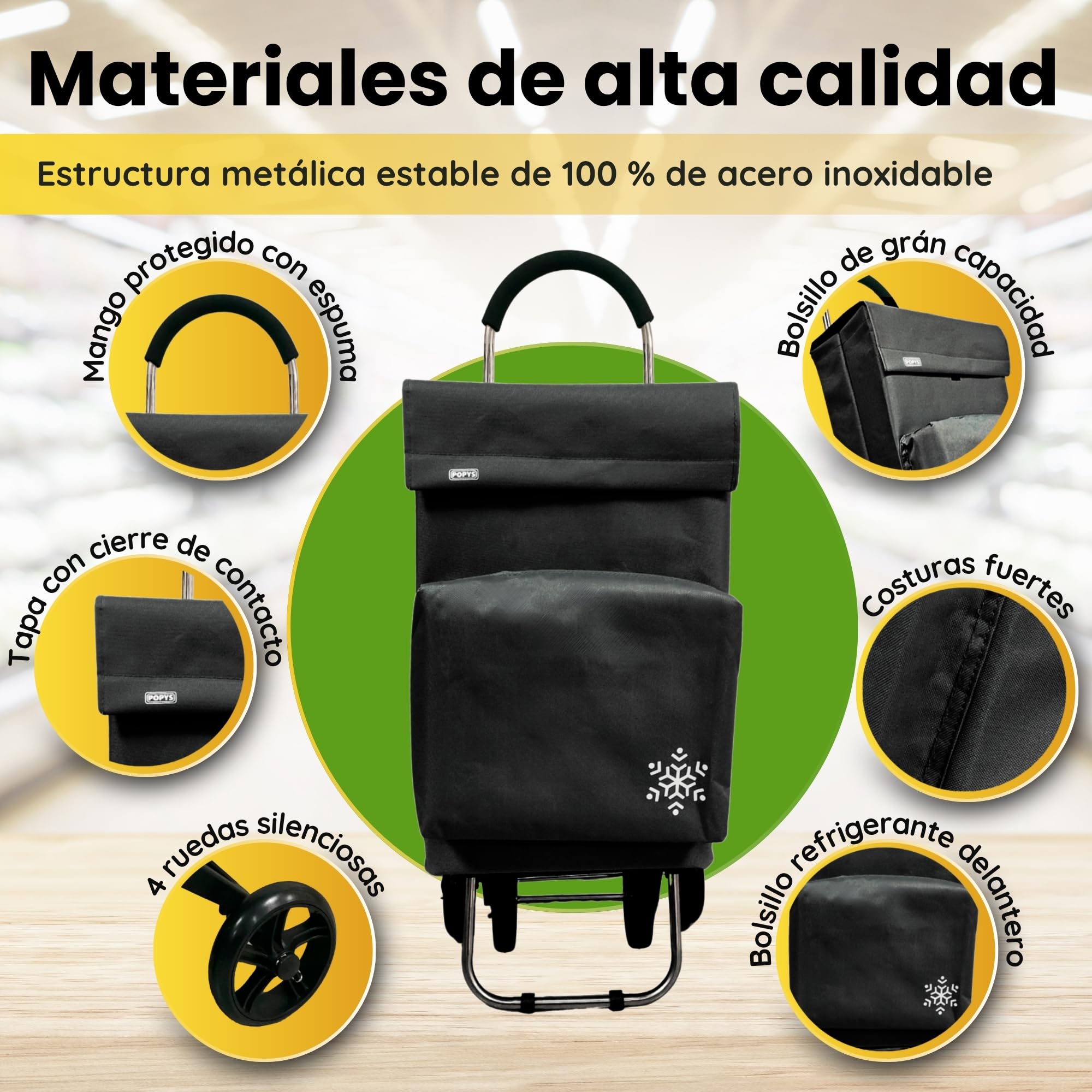POPYS® Carro de la Compra de 50L + Gancho Multiusos de Regalo con Compartimento Refrigerante | Carrito Compra de 4 y 2 Ruedas Ideal para Supermercado (Requiere Montaje) (Negro.) — view 4