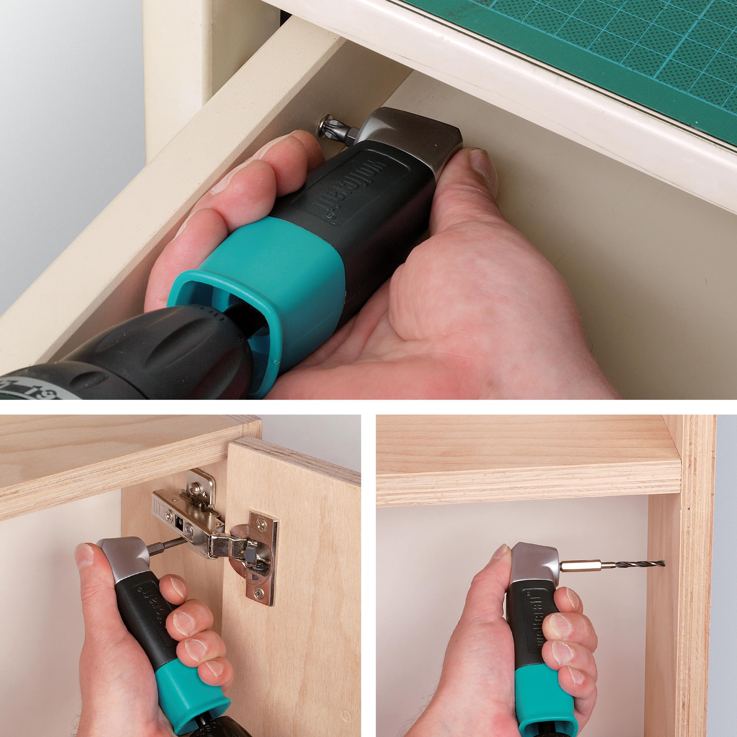 wolfcraft Atornillador angular I 4688000 I Para taladrar y atornillar de forma sencilla en un ángulo de 90° I Accesorio para superficies estrechas o rincones sin espacio