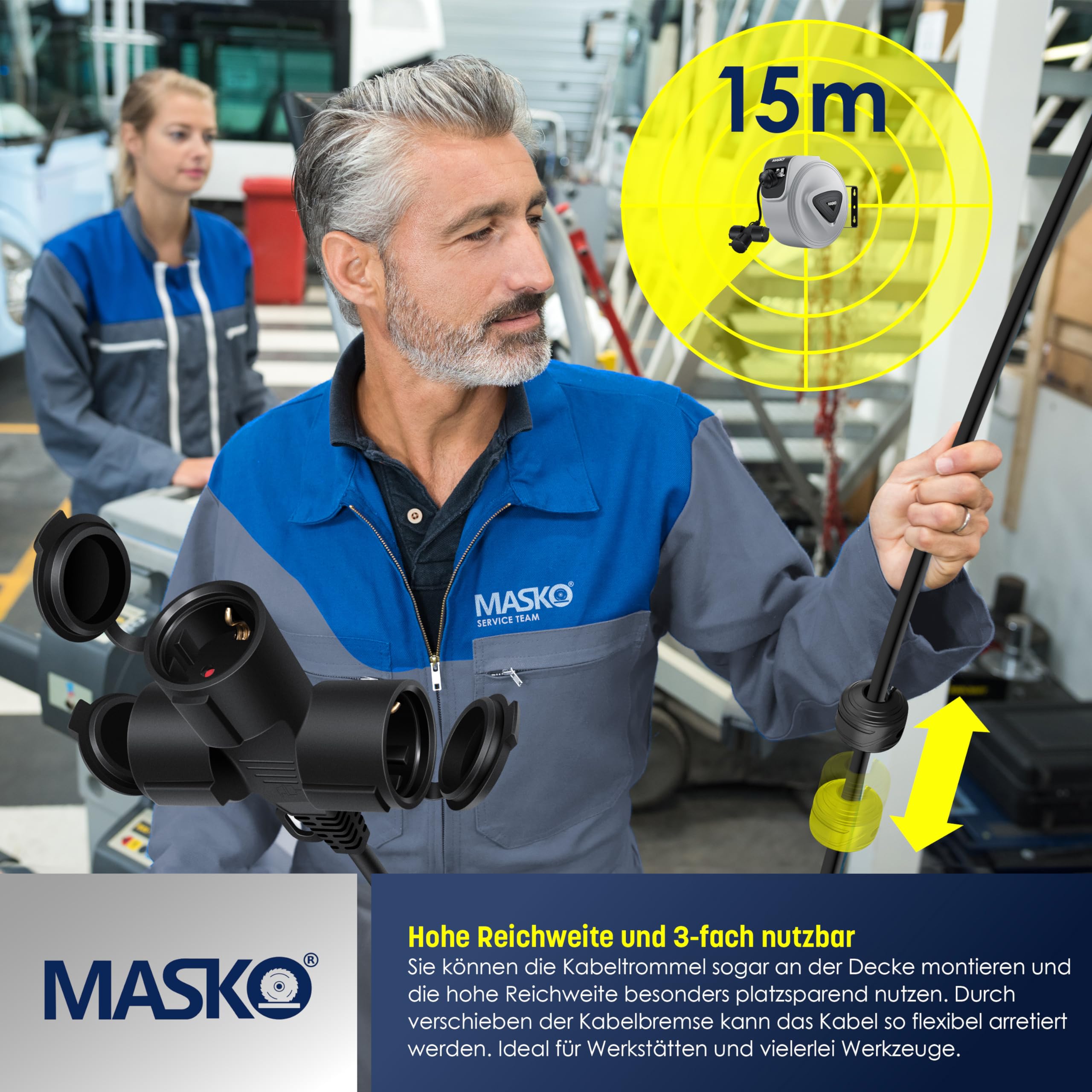 MASKO® Avvolgicavo automatico Cavo di prolunga con collegamento a 3 vie Ruotabile di 180° Cavo da 1,5 m Staffa a muro Avvolgicavo da officina Avvolgitore di corrente automatico Incl. guanti - 15 m