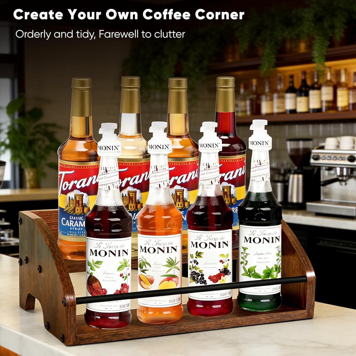 Rustic Wooden Countertop Organizer - Liquor Cabinet,Coffee Syrup Rack, Mini bar, Home Retro Bar Shelf Stand for Liquor, Whiskey, Spirits & Spices (2-Tier)