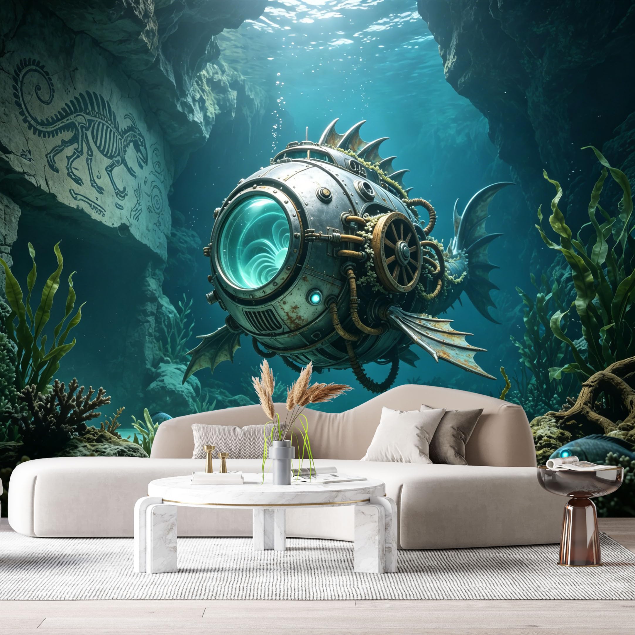 Custom Size Wall Mural Steampunk Submarine Deep Sea Mechanical Design 3D Underwater Machinery Retro Futuristic Metal Texture SelfAdhesive Removable Wallpaper Esports Game Room Studio