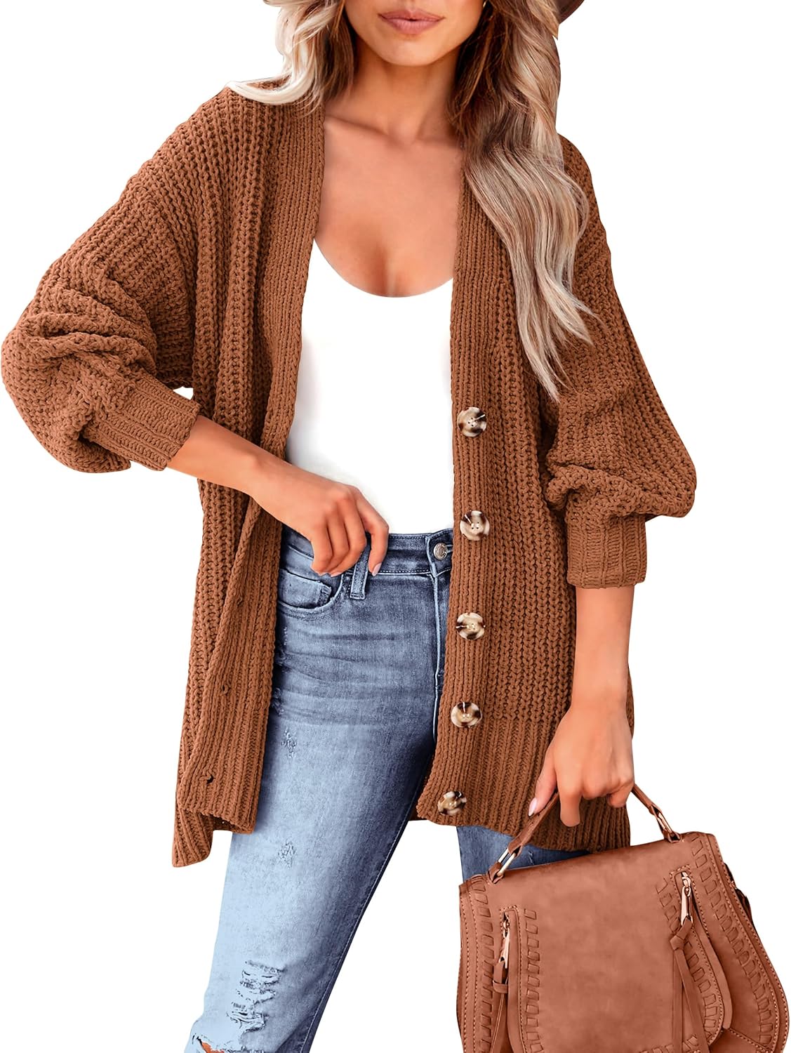 MASCOMODA Women's Long Sleeve Oversized Cable Knit Sweater Cardigan 2024 Fall Open Front Button Down Chunky Knit Outwear Coat