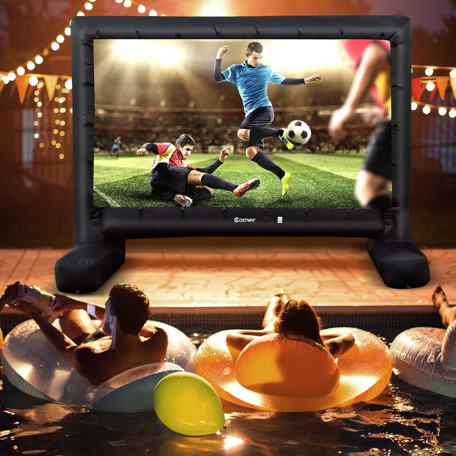 GYMAX Écran de Projection Gonflable 327 x 187 cm, Léger et Portable avec Sac de Rangement, Installation Facile avec Souffleur & Piquets de Sol, pour Cinéma en Extérieur