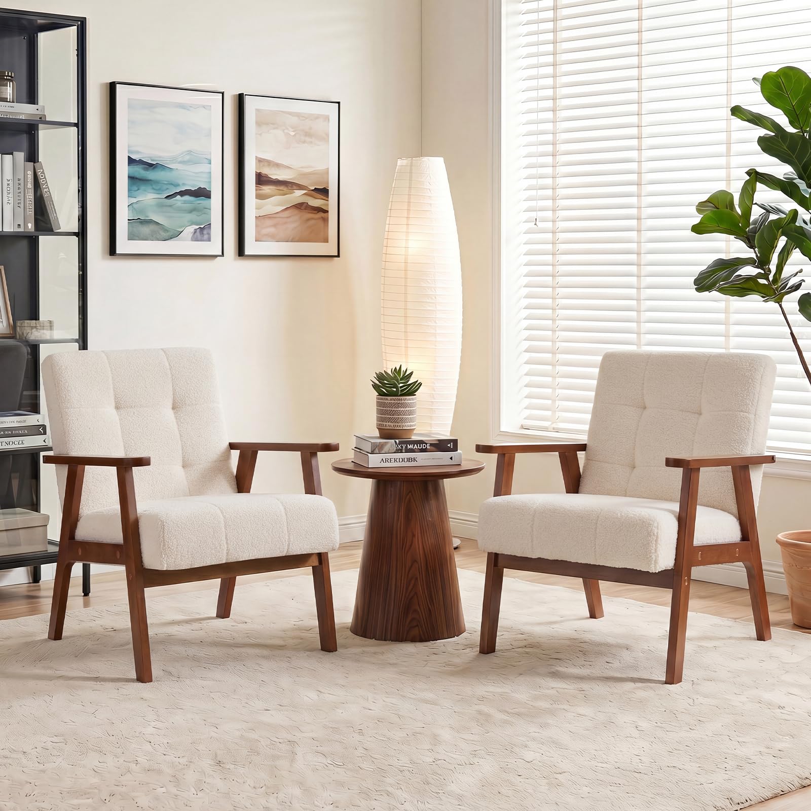 Sessel mit Armlehnen, Loungesessel aus Samt mit Dickem Kissen, Cocktailsessel mit Massiven Holzbeinen, Polstersessel für Wohnzimmer, Schlafzimmer, Aufenthaltsraum, Büro, Elfenbeinweiß