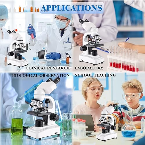 Miniatura 7 de Microscopio binocular para adultos, niños y estudiantes, microscopios 64X-6000X, 3 lentes objetivos, iluminación LED dual de cuerpo metálico, kit de