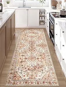 SERISSA Boho Washable Runner Rug, 2x6 Rug Non-Slip Vintage Peach Cream Hallway Kitchen Runner Rug Ultra Soft Print Distressed Floor Carpet for Bedroom Bathroom Laundry Living Room