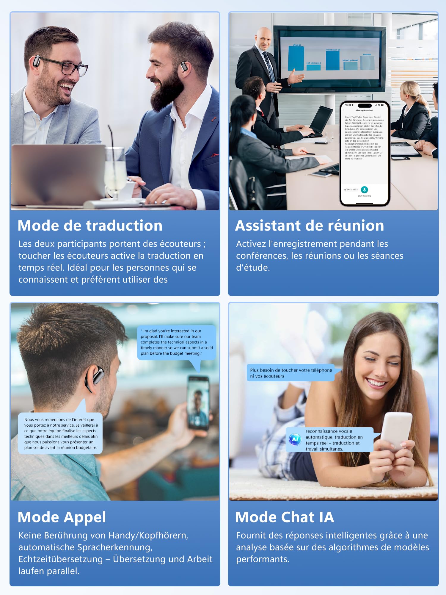 AI Ecouteur Traducteur Vocal Instantané: Oreillette Traduction Instantanée avec 164 Langues 7 Modes de Traduction - Écouteurs 4 en 1 Bluetooth 6.1 avec 75H Autonomie - Casque pour Voyage Affaires