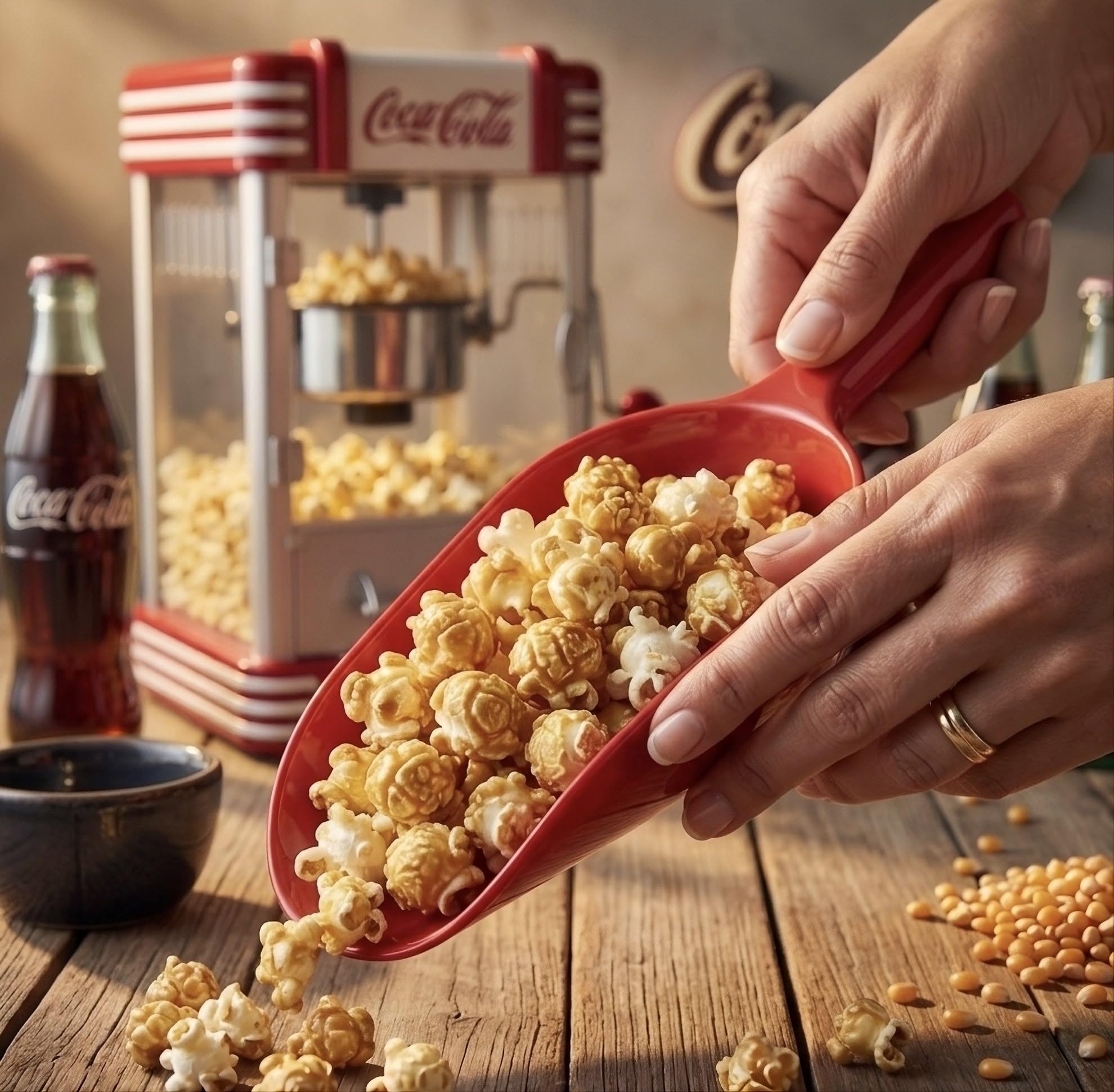 Salco Coca-Cola - Macchina per popcorn popcorn in stile retrò rosso (anni 50), caldaia in acciaio inox con rivestimento antiaderente, sistema di agitazione integrato, illuminazione e avvolgicavo