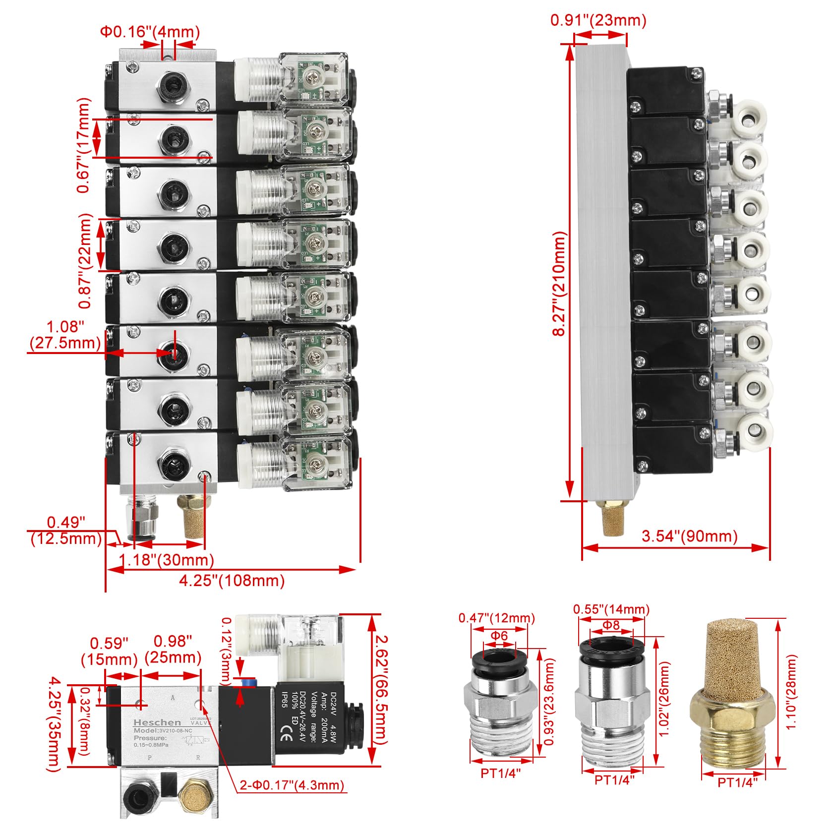 Heschen Elektryczny pneumatyczny 8 zawór elektromagnetyczny, 3 V210-08, DC24 V, PT1/4, 3/2-drożny, zestaw szybkozłączki podstawy kolektora