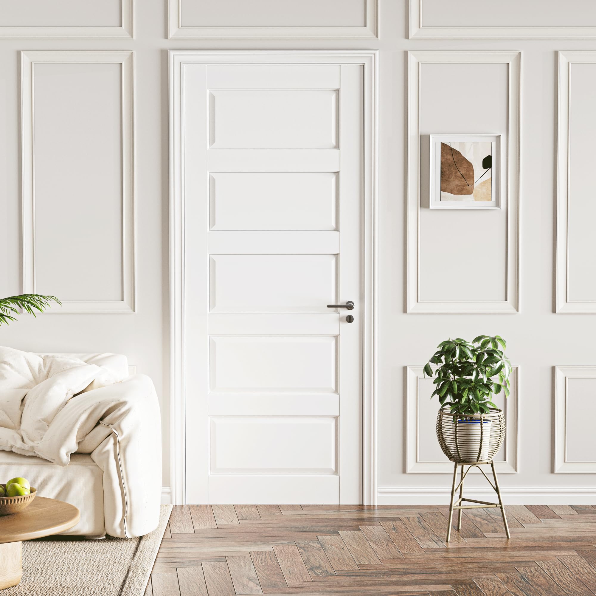 36" x 80" French Door, 5-Panel Pre-Assembled MDF Interior Slab Doors,Solid Wood Interior Doors for Bathroom Pantry Laundry,White Primed Panel Door,w/o Hardware