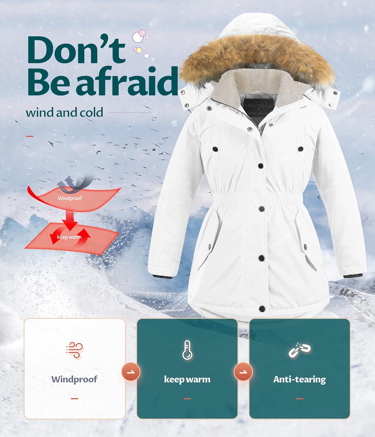 CREATMO US Girl's Long Winter Warm Parka Sherpa Trimmed Collar Puffer Ski Jacket Coat - Image 5