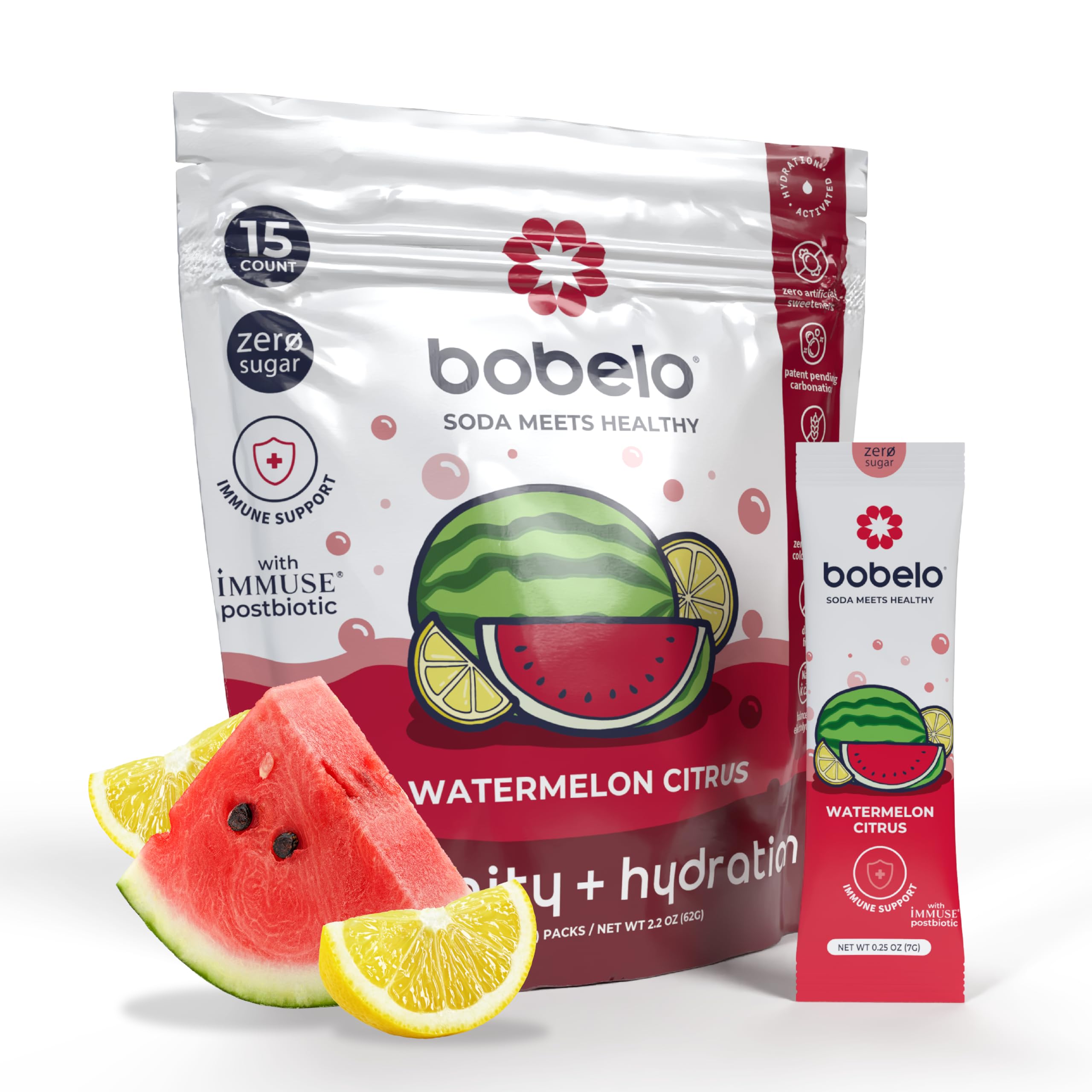 Bobelo Self-Carbonating Hydration Packets - Watermelon Citrus Flavor (15ct) | Low Calorie Electrolyte Drink Mix | Keto Friendly, Sugar Free Water Enhancer | Soda Sparkling Water Alternative
