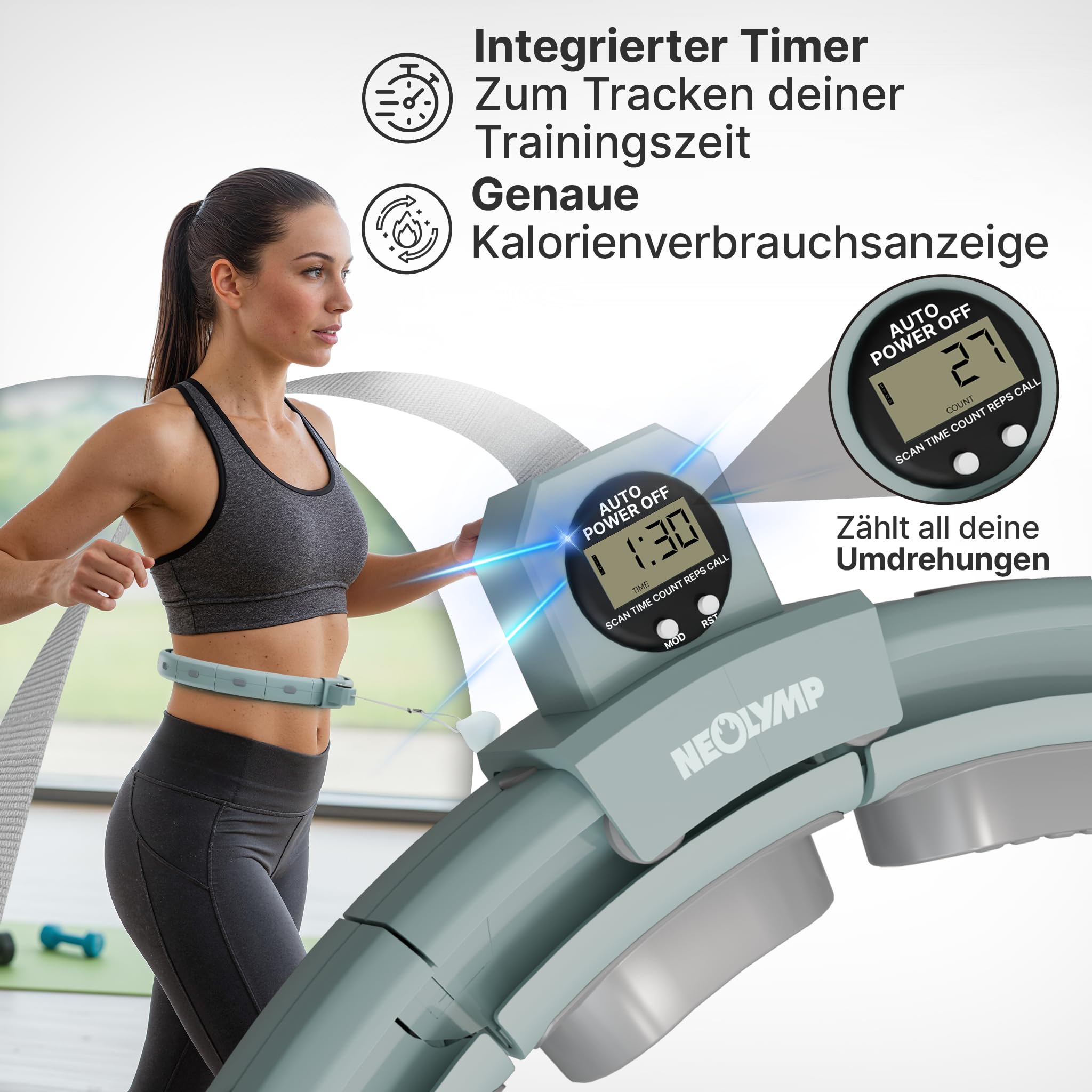 NEOLYMP Smart Hula Hoop Reifen Erwachsene – Hula Hoop leise mit integriertem Tracking für Zeit, Umdrehungen und Kalorien – Fitness Ring verstellbar 29–40 cm klick-System, Home Gym Gymnastikreifen
