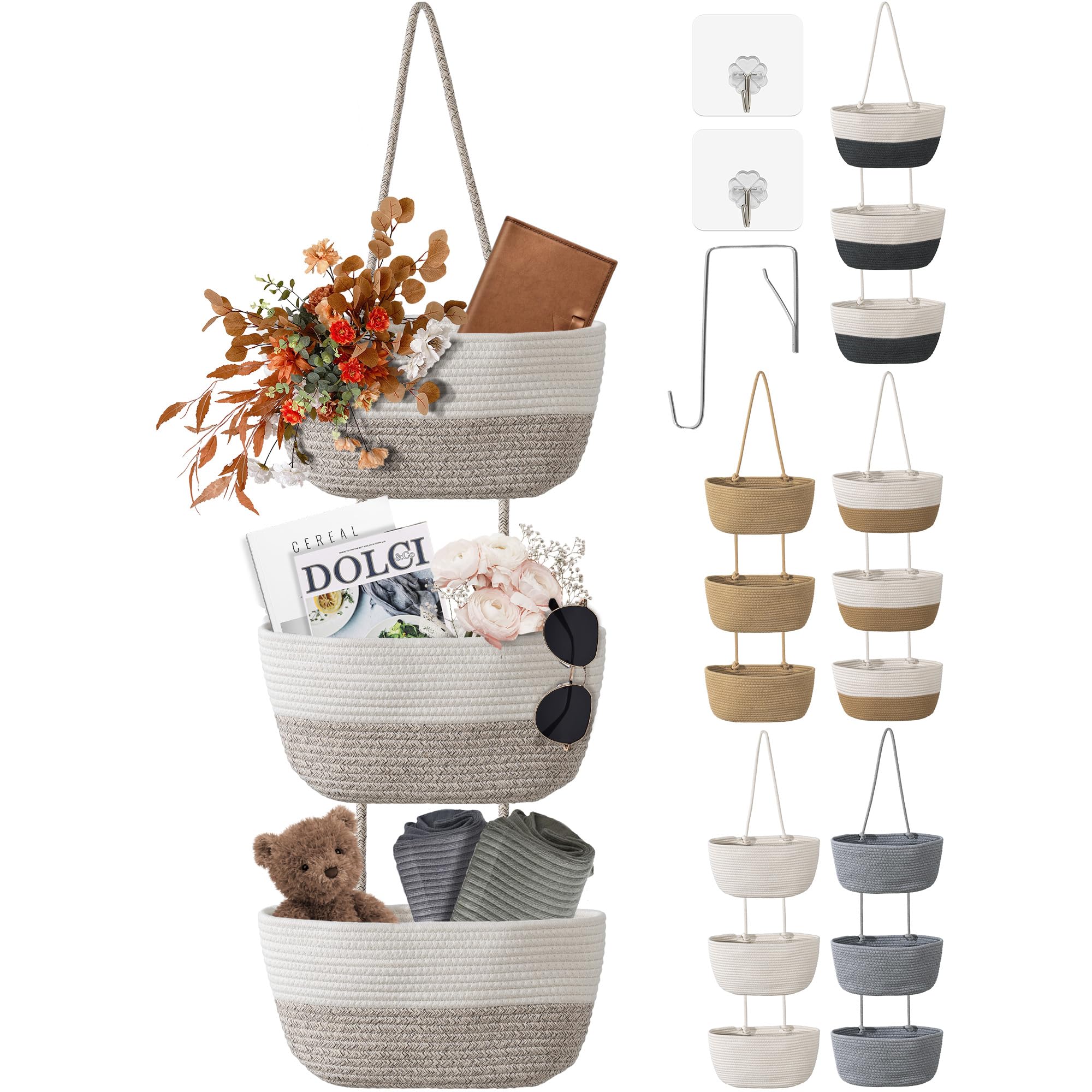 wymulot 3 Tier Wall Mounted Woven Hanging Basket, Over the Door Hanging Basket with Hooks, Decorative Storage Hanging Closet Removable, Large Wall