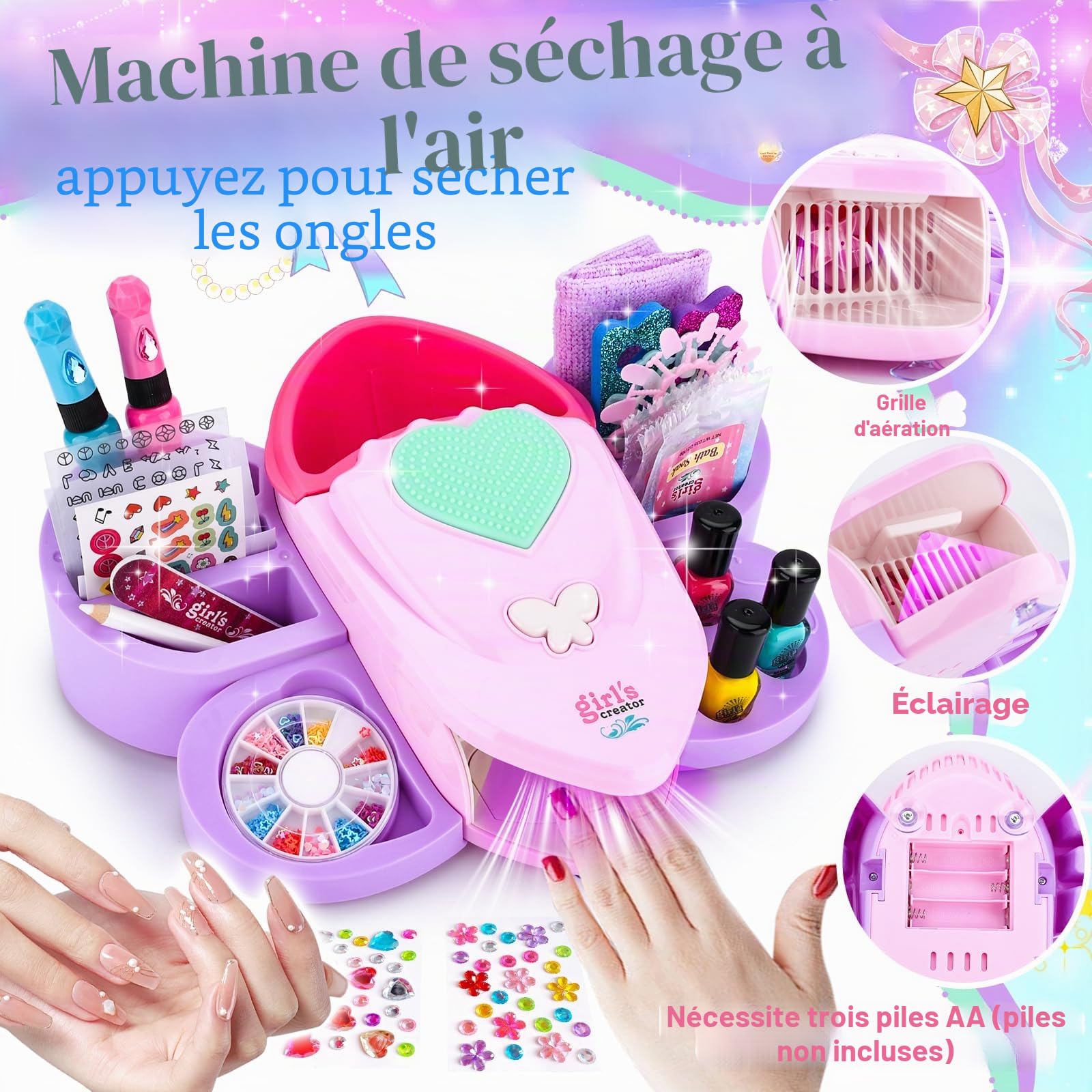 Kit Manucure Enfant Fille,Nail Art Jouet Cadeau,Contient Sèche Ongles,Peel-off Pailleté Vernis à Ongles,du glitter,des autocollants amusants,etc. 6+ Ans Cadeau d'anniversaire De Noël pour Filles