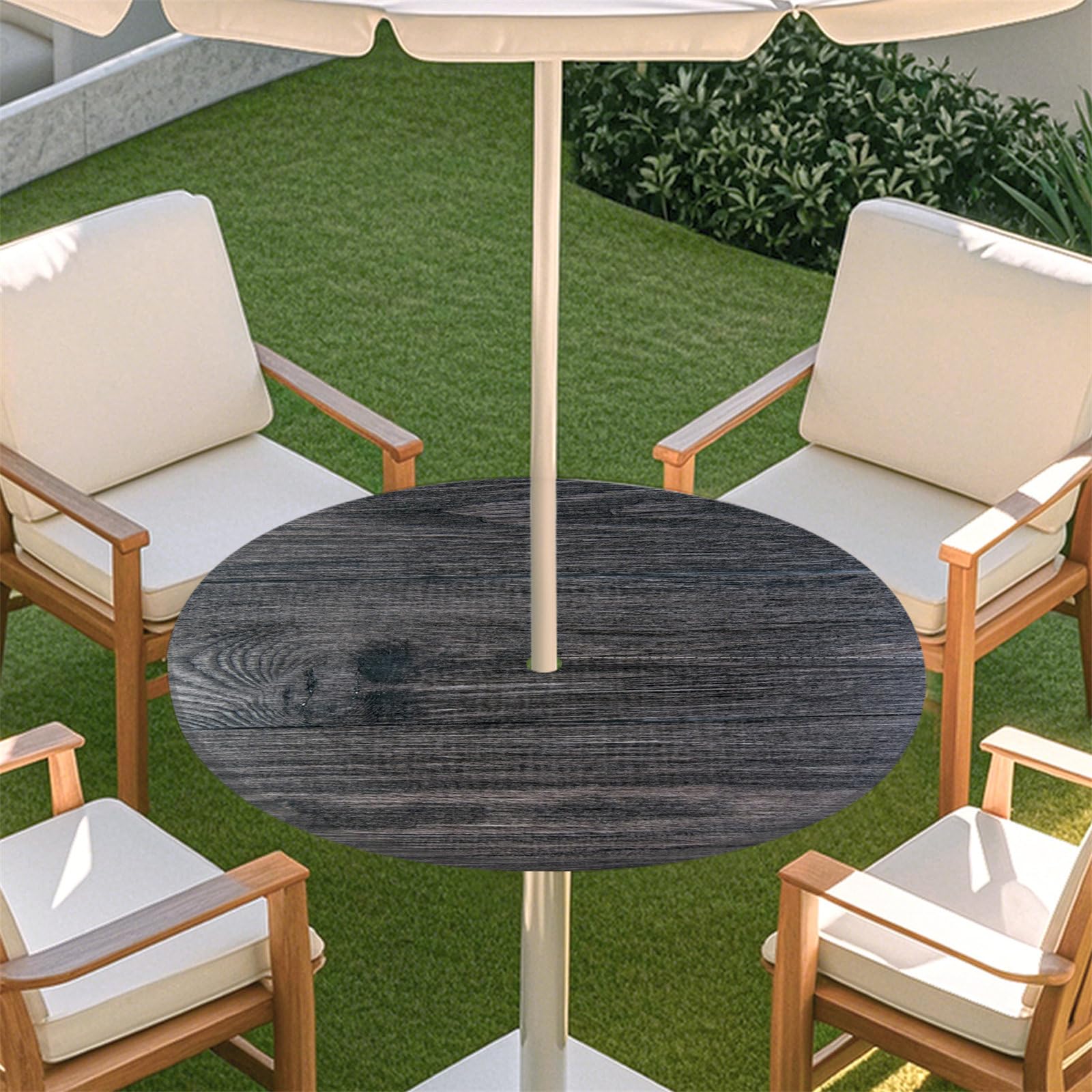 Fasbuy Outdoor Round Tablecloth with Parasol Hole and Zipper, Woodgrain Table Cloth Waterproof, Damask Ceramic Tile Mandala Wipeable Tablecloths Elastic Edge for Patio Garden (Dark grey,M)