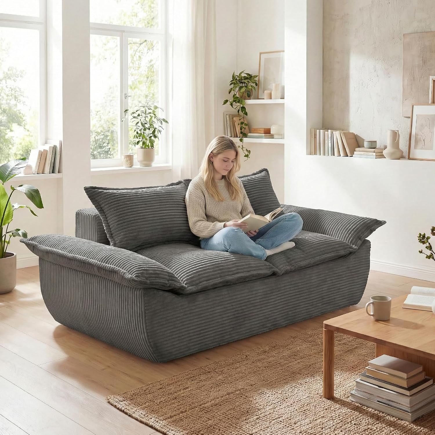59" Boneless Loveseat Sofa, 2-Seater Gray Boneless Sofa with Removable Cushions & 2 Pillows, Small Couch Boneless Compress Foam Sofa for Living Room, Apartments, & Office