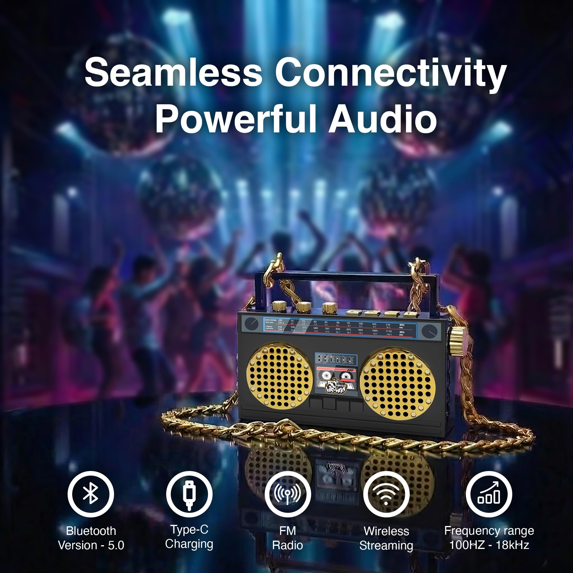 Mini haut-parleur portable sans fil Bluetooth rétro portable Boombox, collier de 68,6 cm, radio FM, boutons intégrés, double micro haut-parleurs 6 W, batterie longue durée