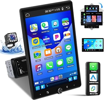 SIXTOP 10.4 Inch Rotatable Touch Screen Single Din Car Stereo with Wireless Apple CarPlay Android Auto Bluetooth Mirror Link Vertical Screen FM USB AUX TF EQ Video Output SWC Backup Camera MIC