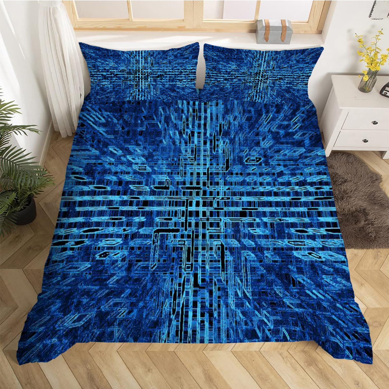 Parure De Lit 3 Pièces MLUNKQAIL - 220x240cm Rayures Bleu - Microfibre - 2 Taies 65x65cm